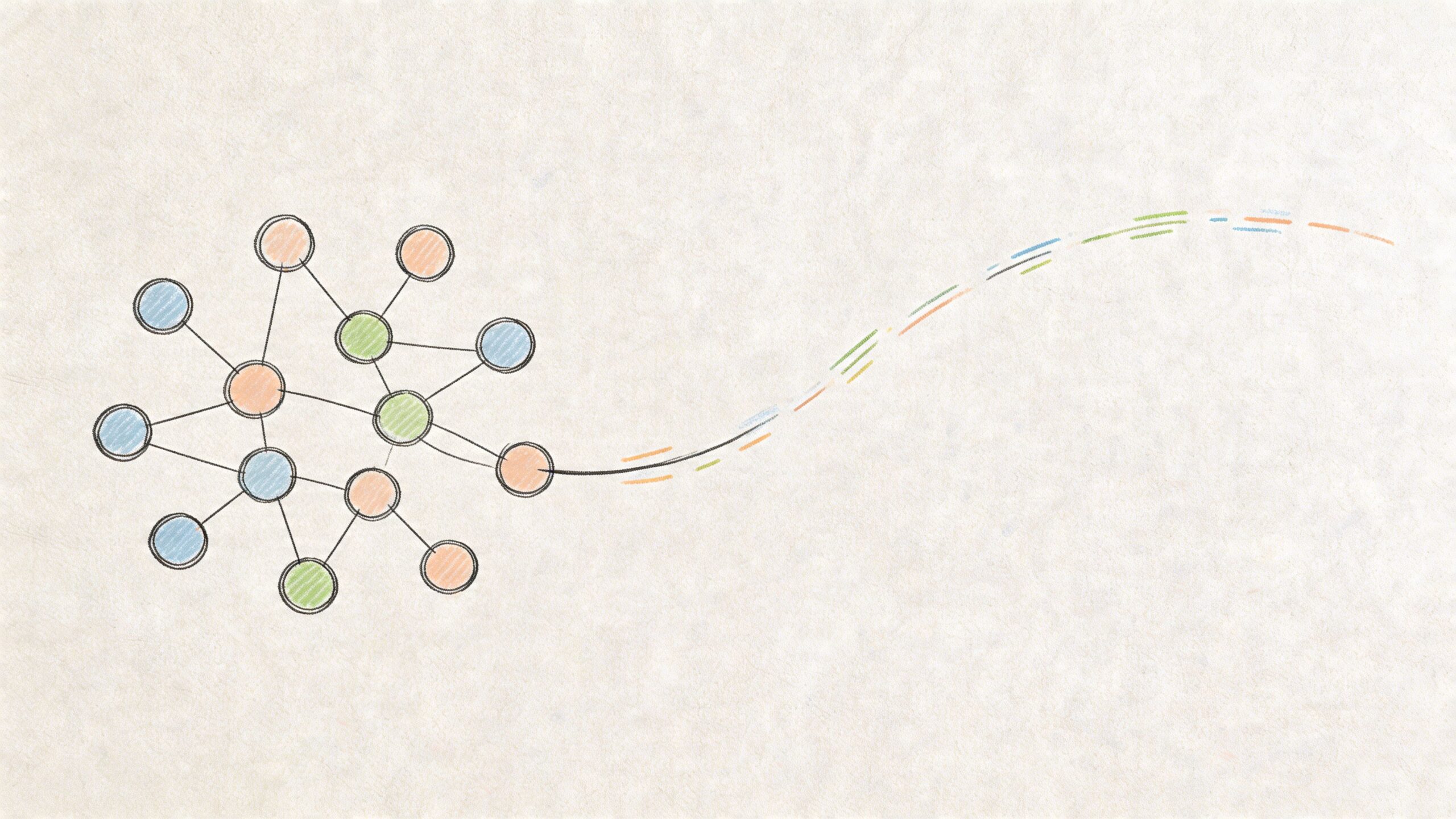 A hand-drawn network diagram with connected colored nodes extending outward into a series of dashed lines.