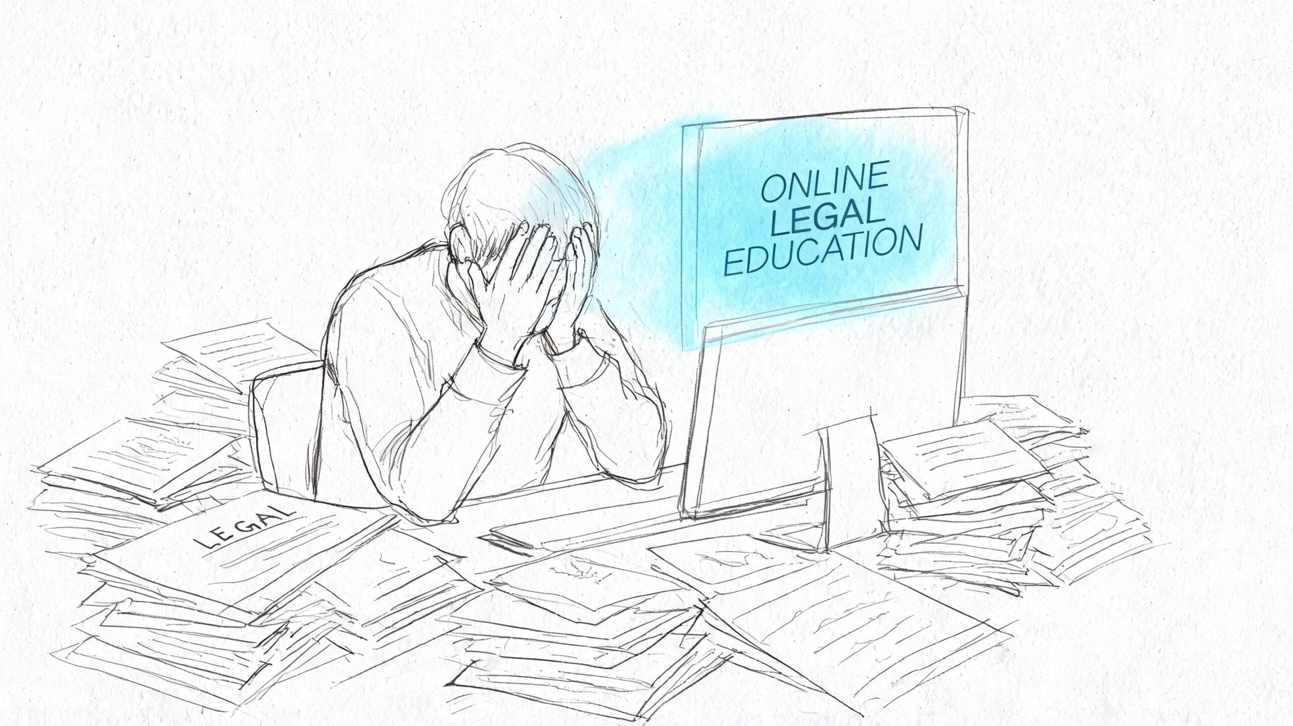 A person sitting at a desk overwhelmed by stacks of legal paperwork while viewing online legal education.
