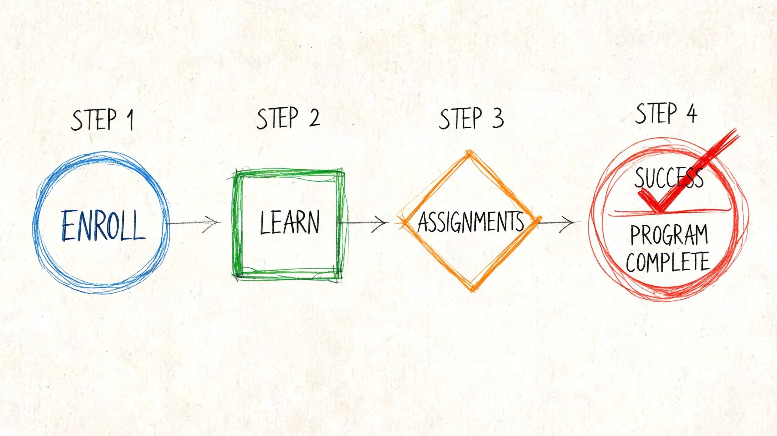 A simple four-step infographic illustrating the online process to enroll, learn, complete assignments, and finish the program.