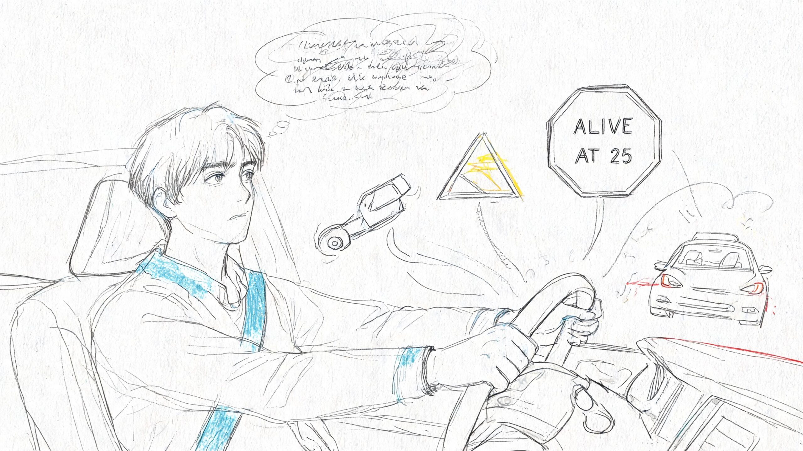 A pencil sketch of a young man driving a car with a text bubble and road sign.