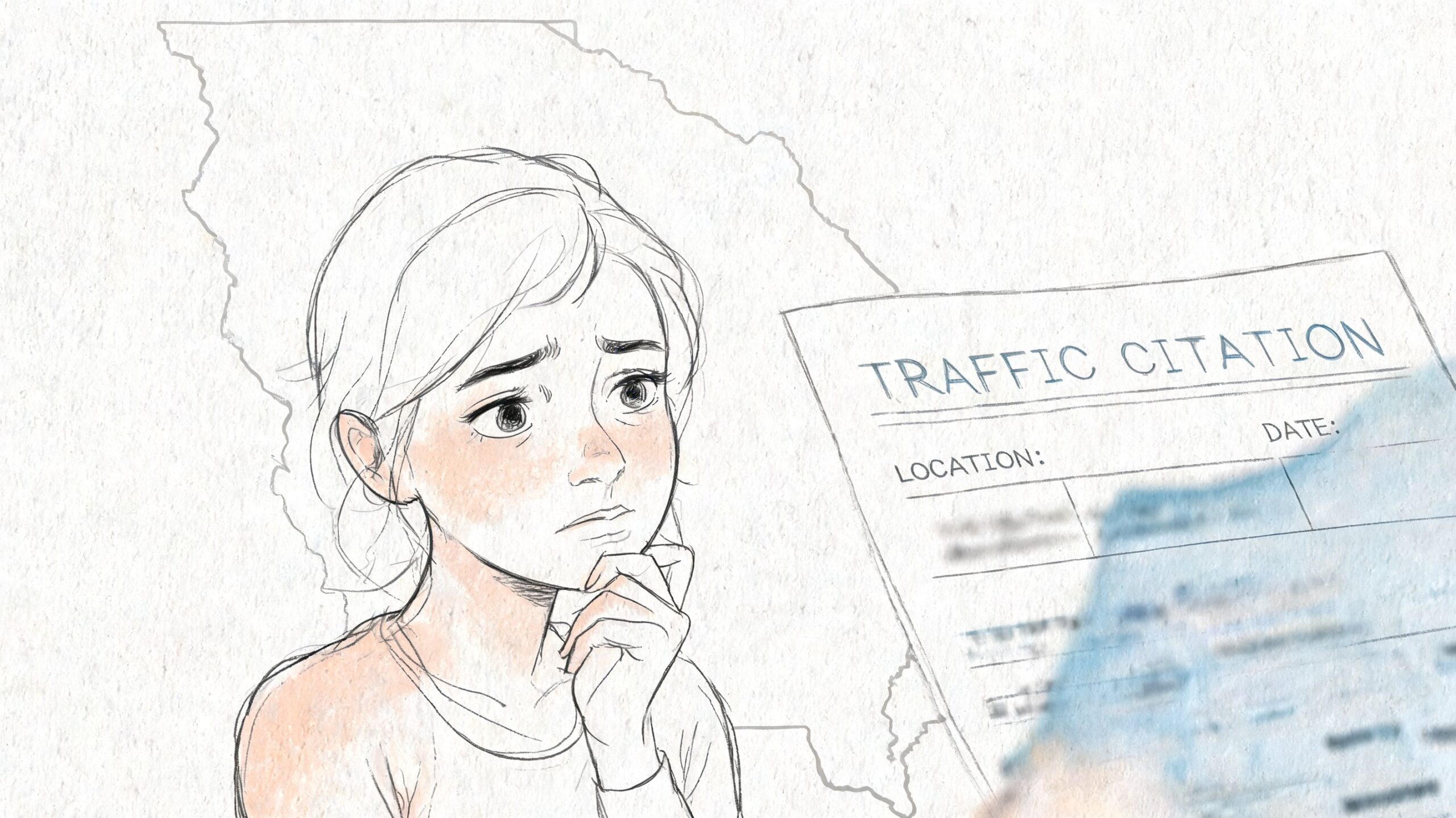 A concerned young woman looking at a traffic citation with the map of Georgia in the background.