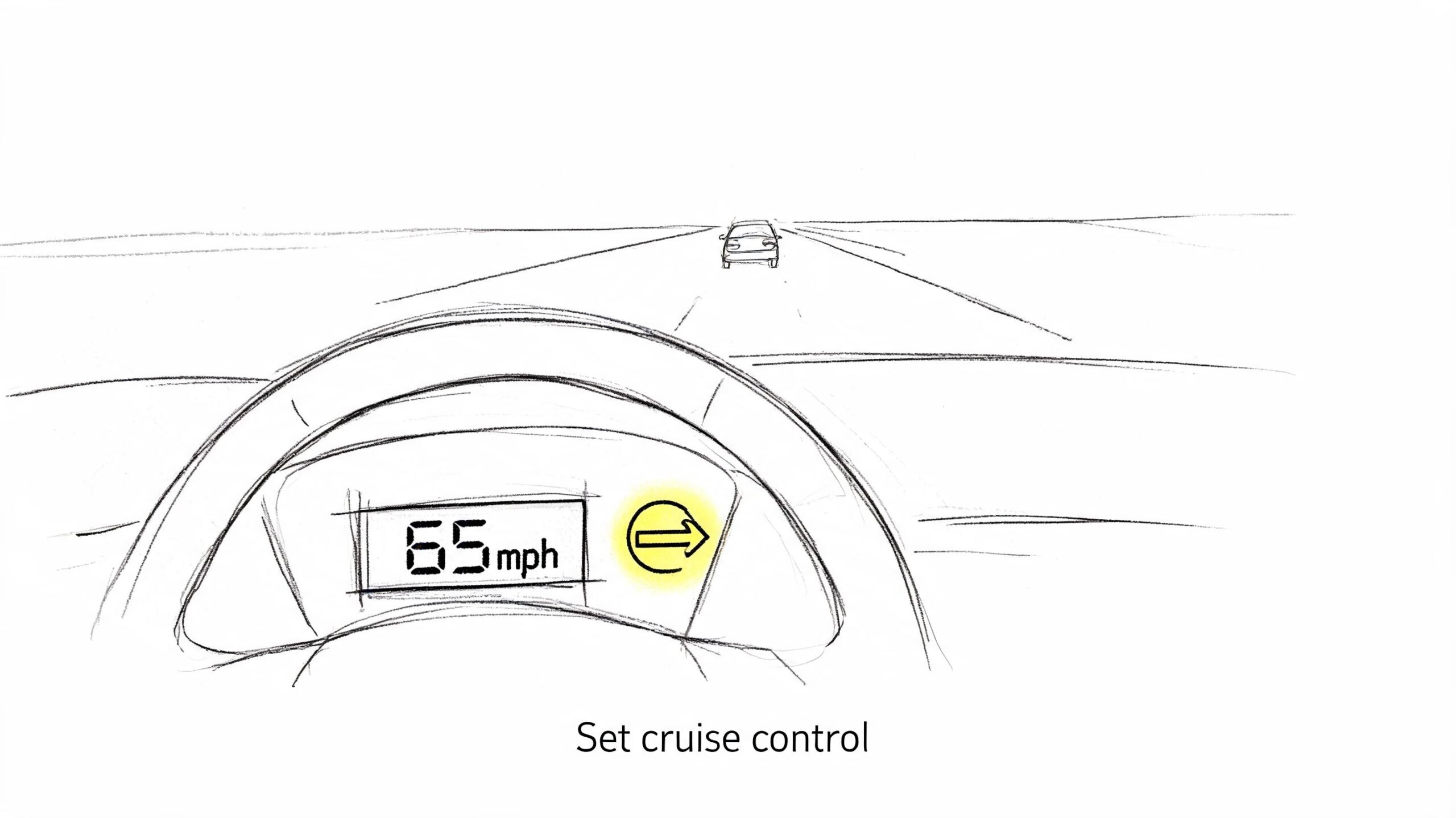 A digital car dashboard display showing a speed of 65 mph with an active cruise control icon.