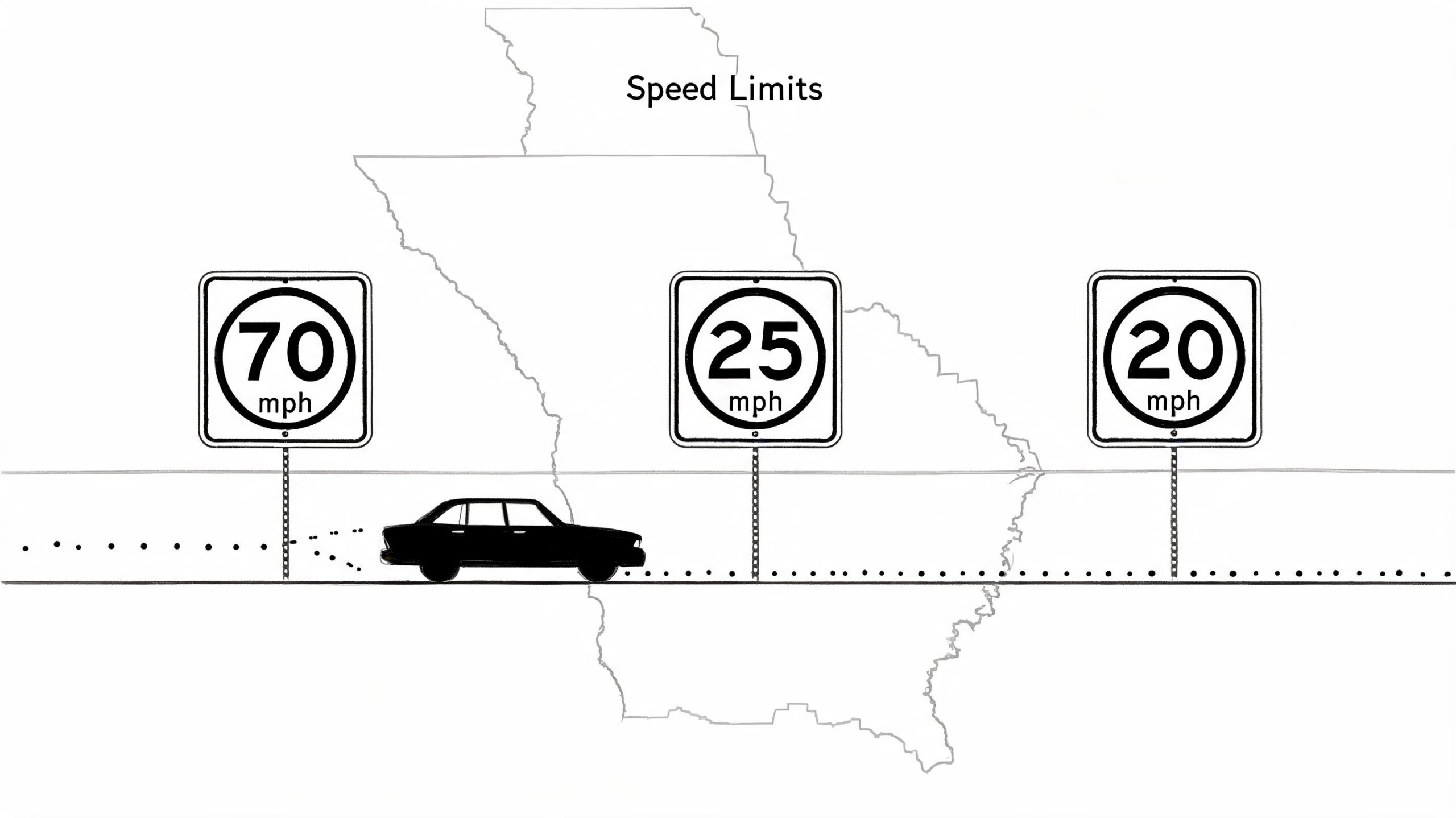 A conceptual diagram showing a car passing through different speed limit zones represented as road signs.