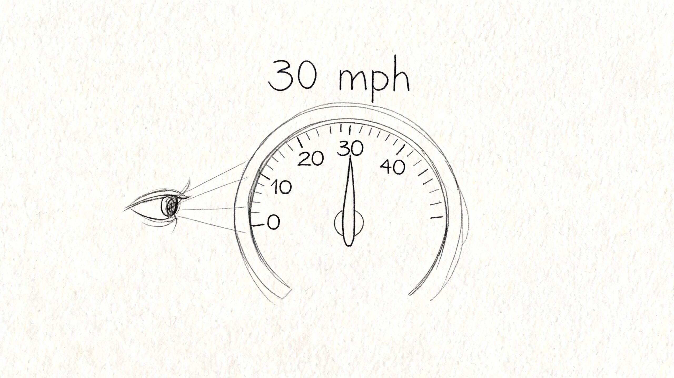 A hand-drawn sketch of an eye looking at a car speedometer pointing exactly to thirty miles per hour.