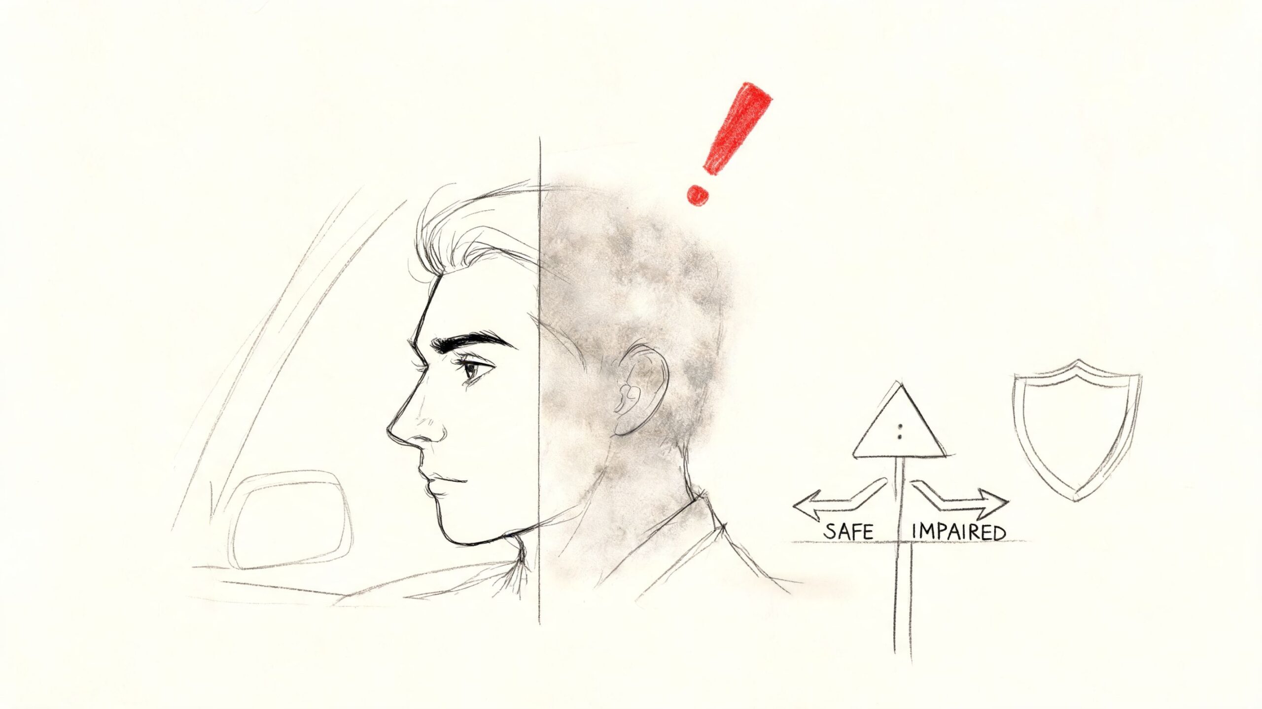 A pencil sketch shows a man in a car comparing safe and impaired driving with a warning icon.