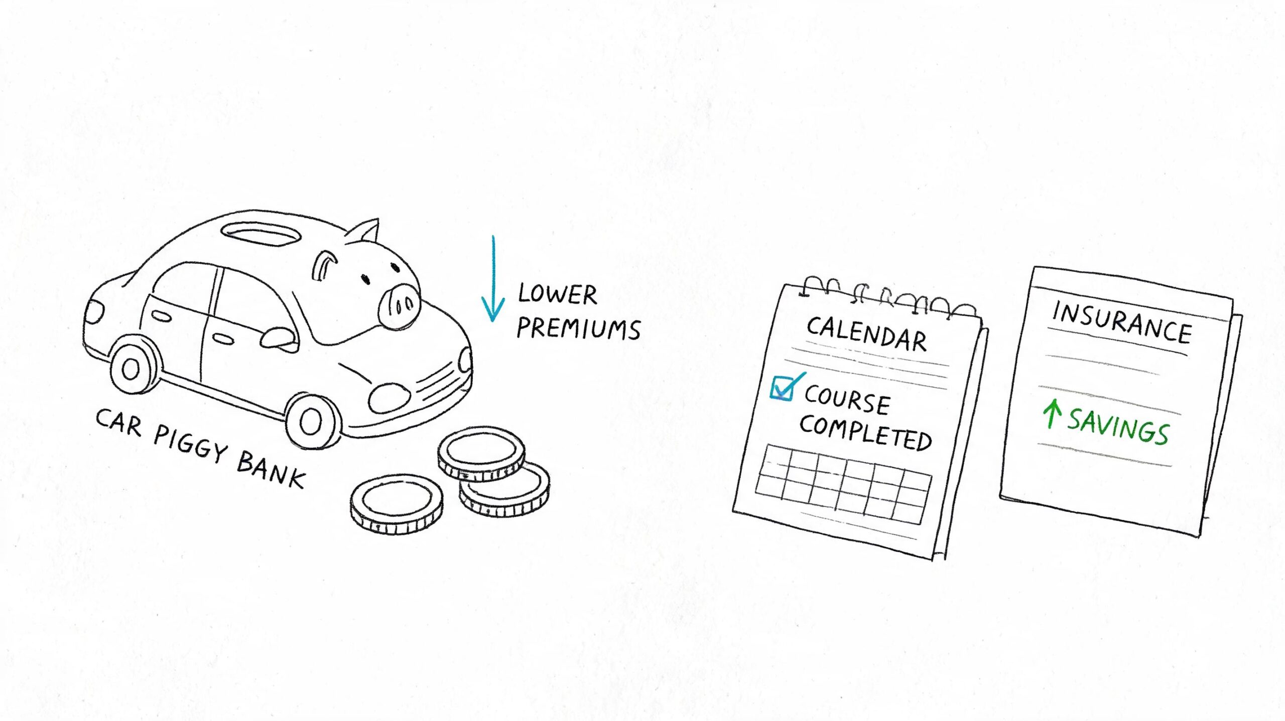 A hand-drawn illustration showing a car piggy bank, a completed course calendar, and increased insurance savings.