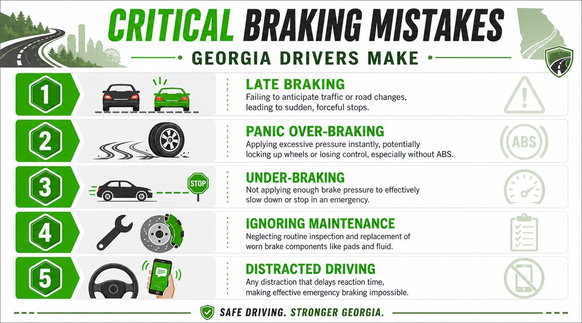 An infographic outlining five critical braking mistakes made by Georgia drivers for road safety awareness.