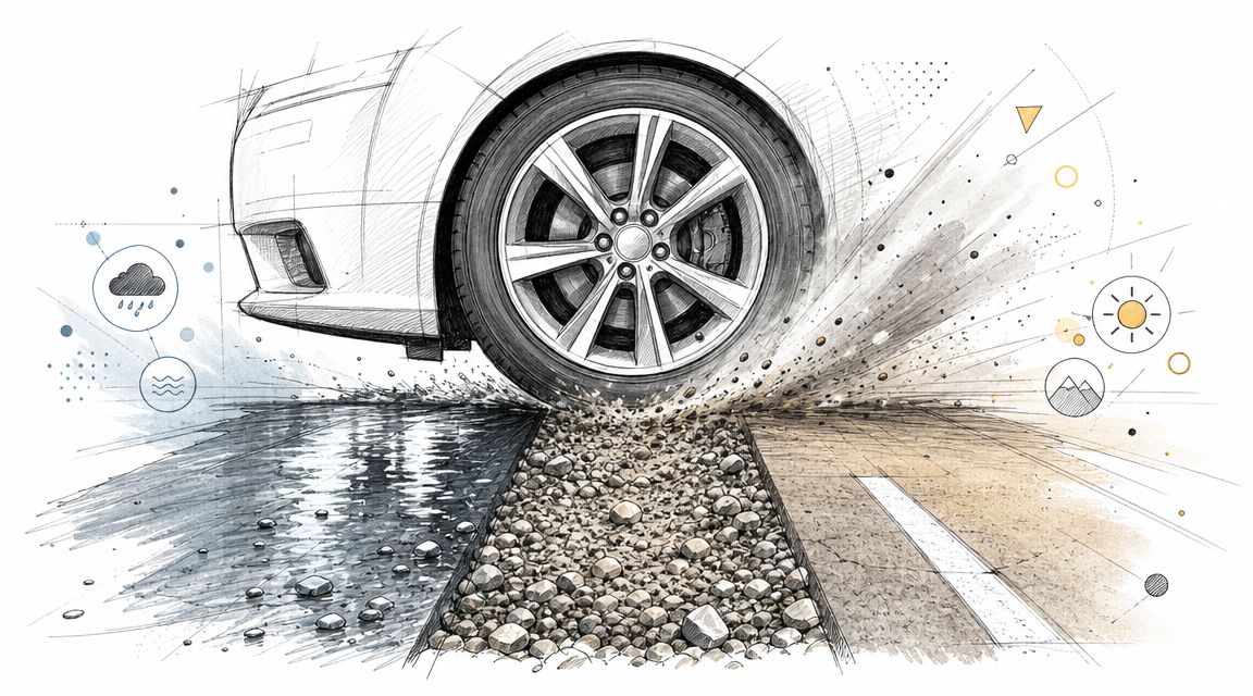 A pencil sketch of a car tire driving over different road surfaces representing various driving conditions.