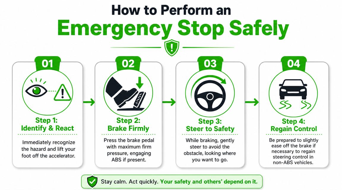 An infographic illustrating four steps to perform a safe emergency stop while driving a vehicle.
