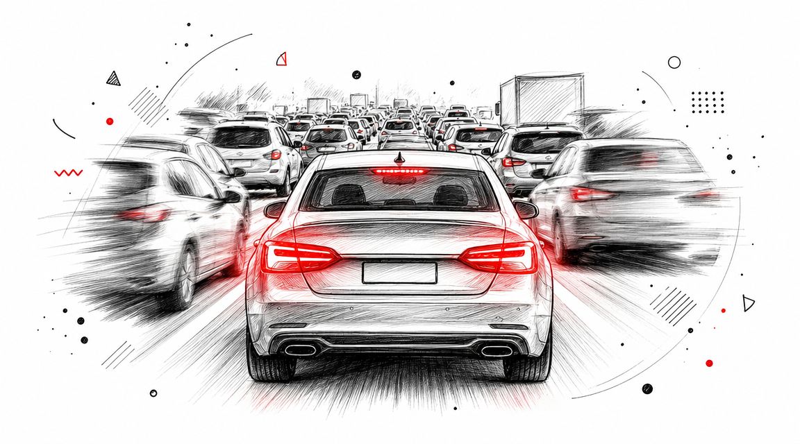 A line of cars on a highway with brake lights glowing in a sketch style illustration.