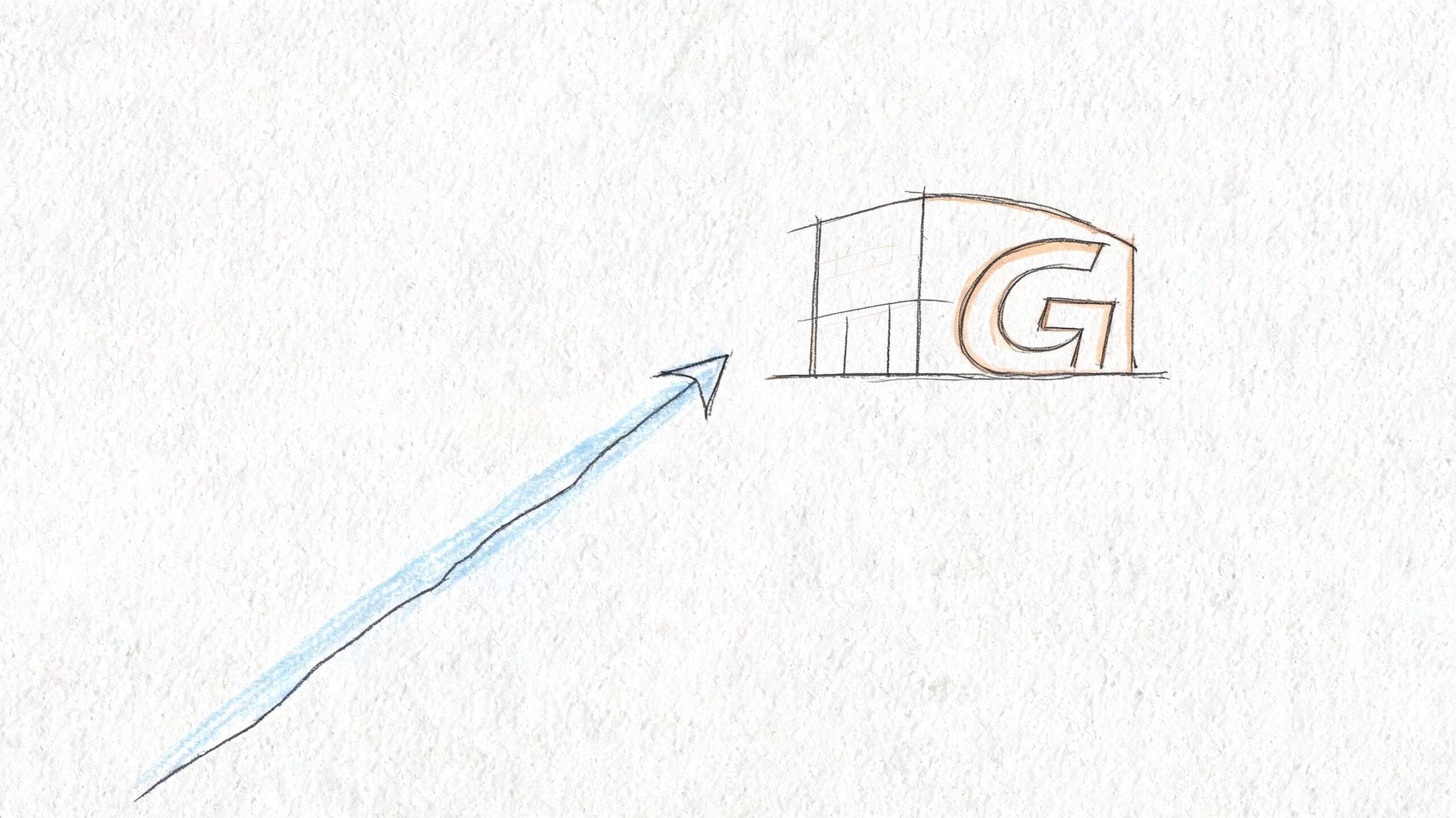 A hand-drawn sketch of an arrow pointing towards a building with a large letter G on it.