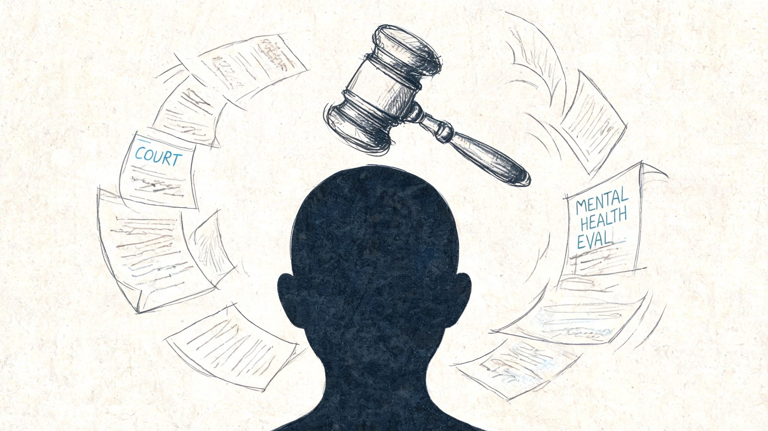 A silhouette of a human head surrounded by floating court documents and a wooden judge's gavel.