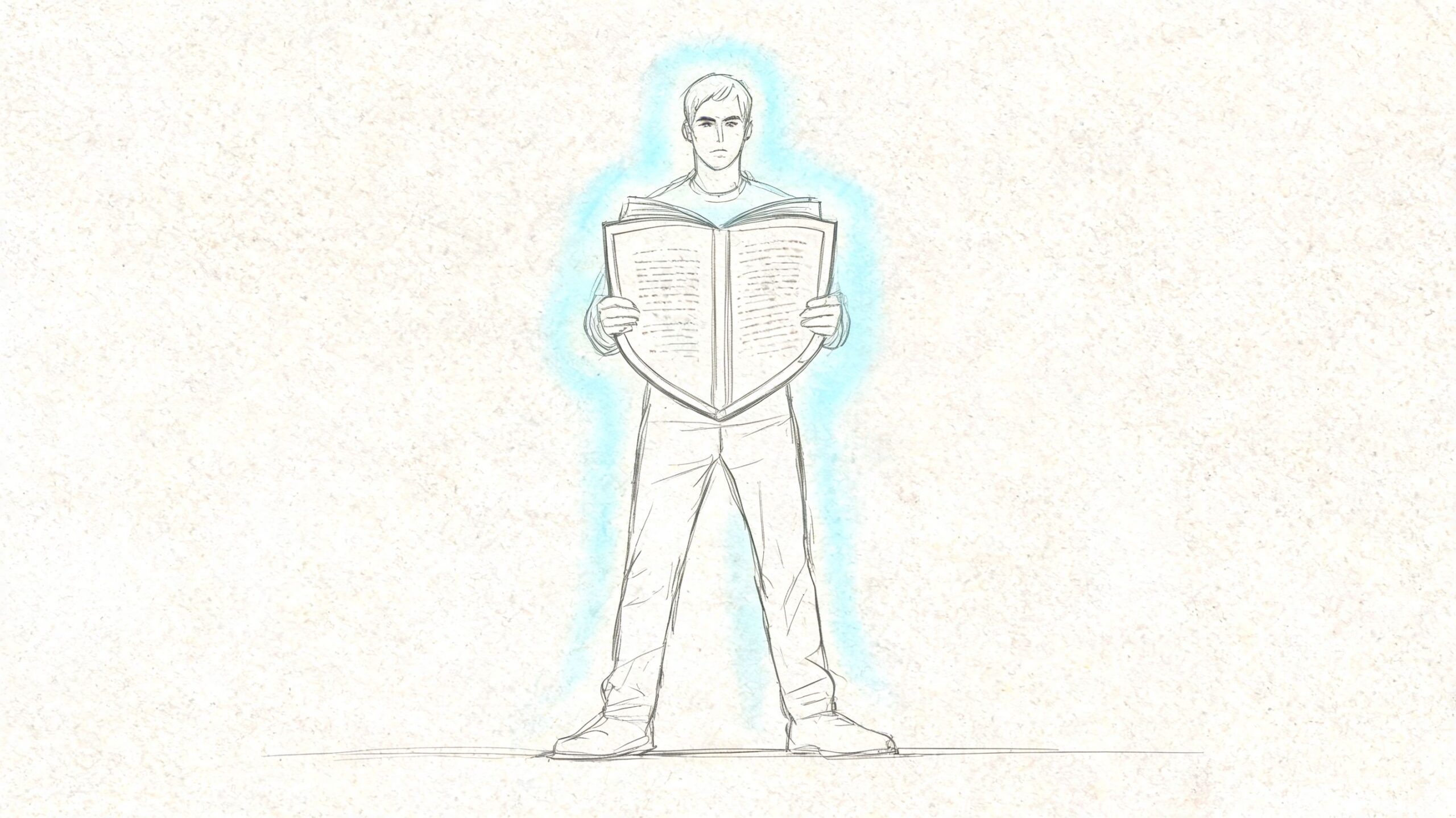 A line drawing of a man holding a large open shield-shaped book with a blue glowing aura.