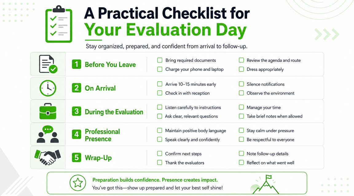 A checklist for a professional evaluation day, including steps from preparation to follow-up and wrap-up.