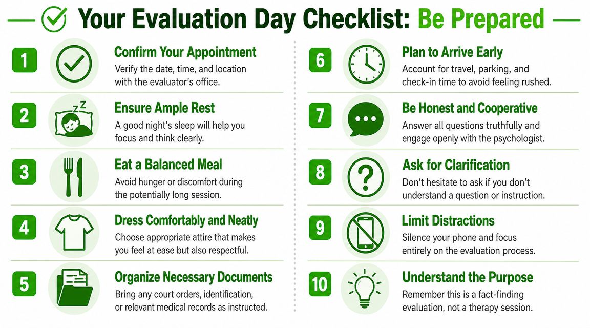 A ten-point infographic checklist titled Your Evaluation Day Checklist providing preparation tips for a psychological evaluation.