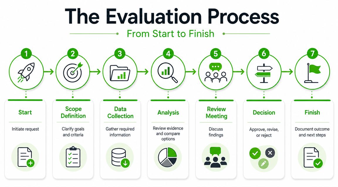 A seven-step infographic showing the business evaluation process, from initial request to final documented outcome.