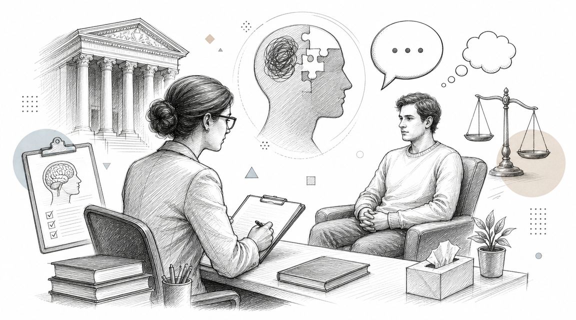 A professional psychologist conducting a psychological evaluation for a patient with a courtroom building in background.