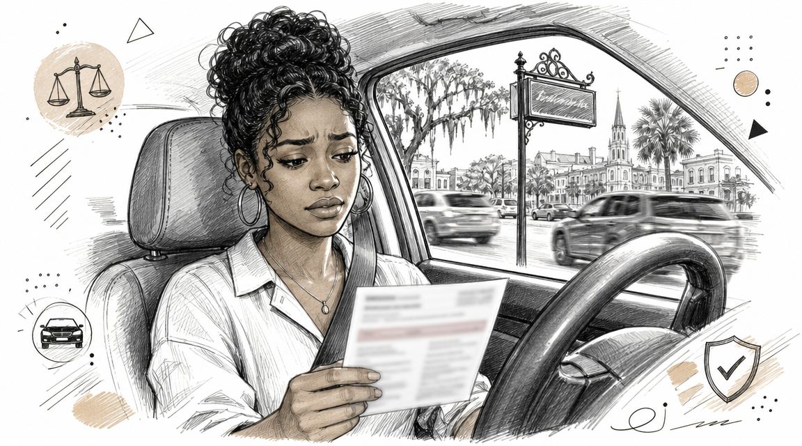 A concerned woman sitting in her car holding a document with a scenic Savannah background.