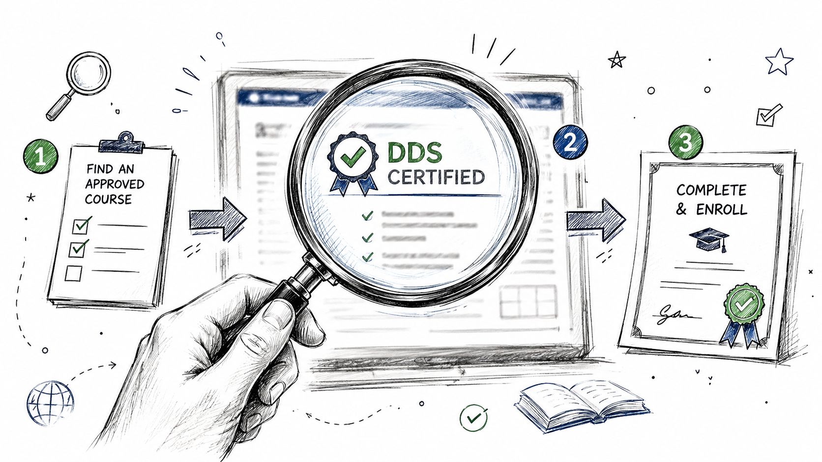 A hand holding a magnifying glass over a DDS Certified document, illustrating a three-step course enrollment process.