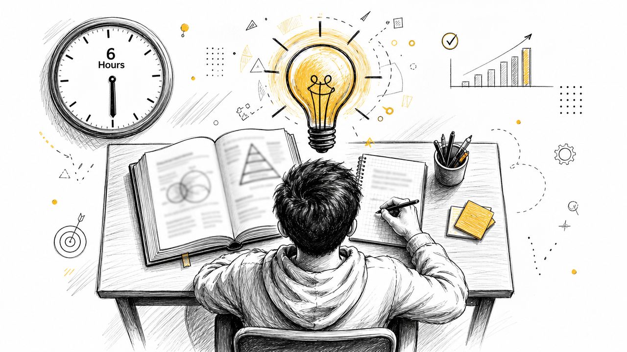 A student studying at a desk with an open book, notebook, and a glowing lightbulb idea illustration.