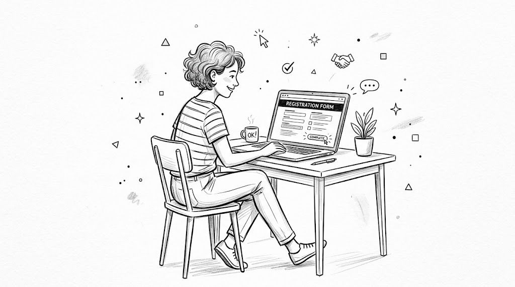 A person sits at a desk using a laptop to complete a digital registration form online.