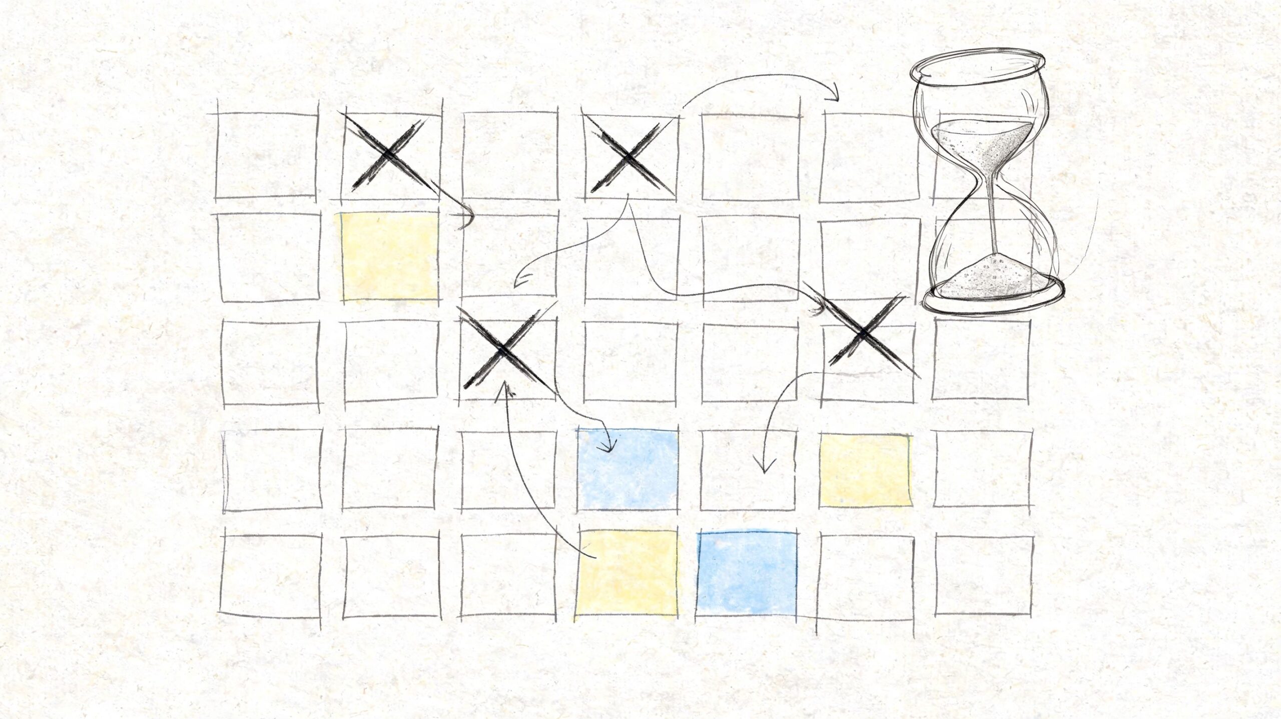 A hand-drawn calendar grid with some days marked with X, colored highlights, and an hourglass illustration.