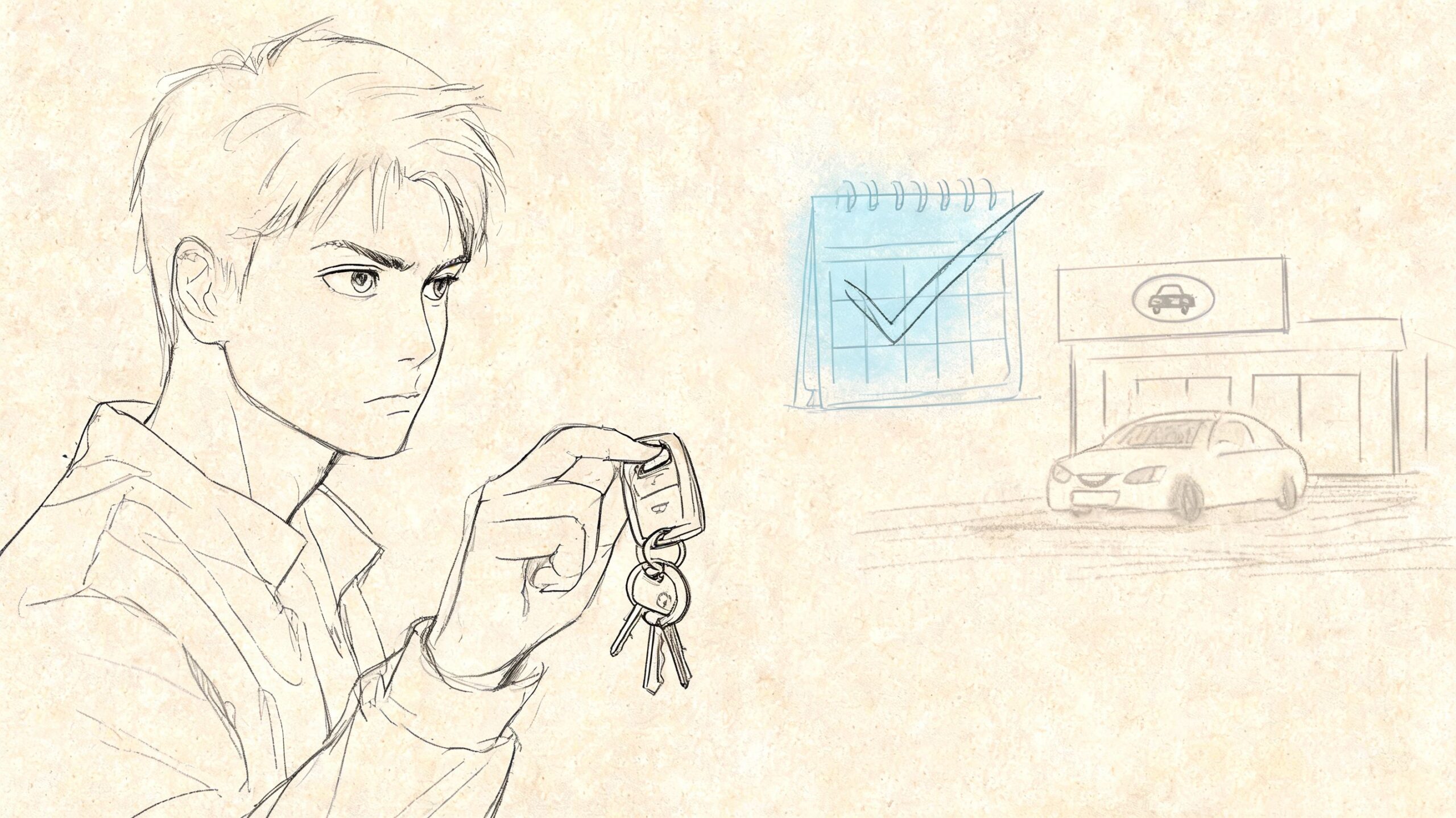 A young man holds car keys next to a calendar with a checkmark and a car dealership.
