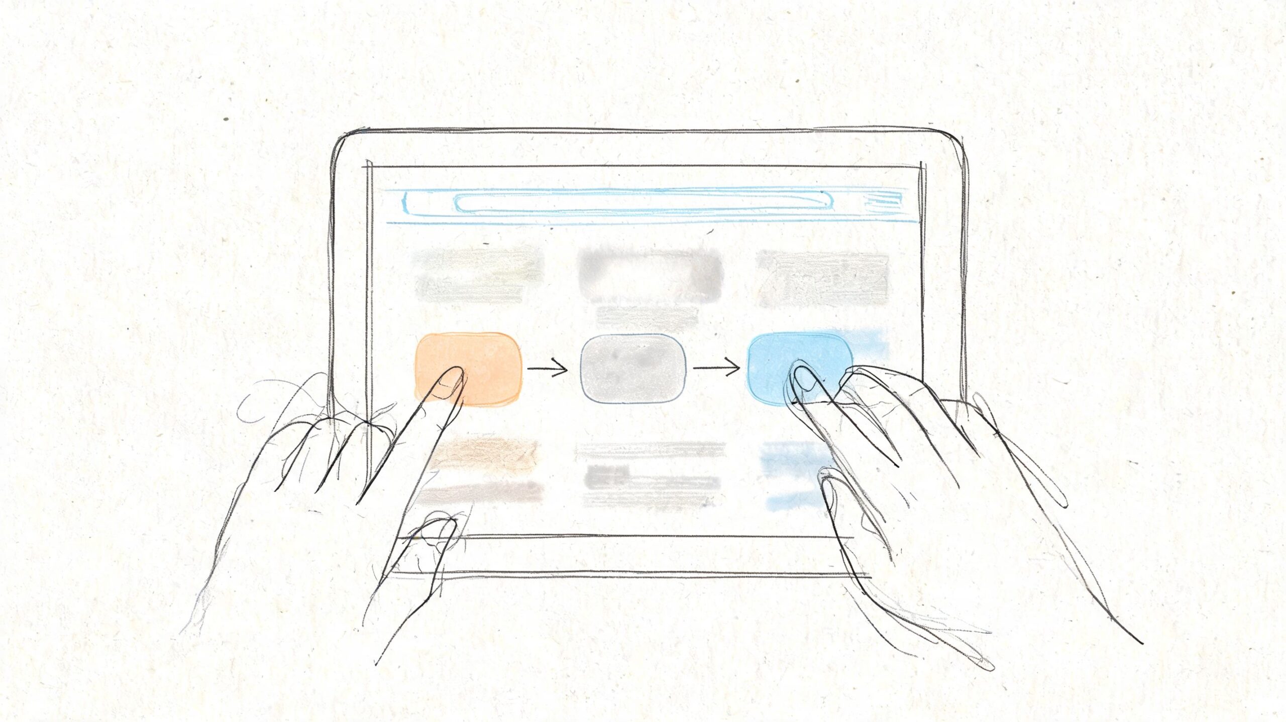 A hand-drawn illustration showing hands navigating a digital tablet interface to book a driving car test.