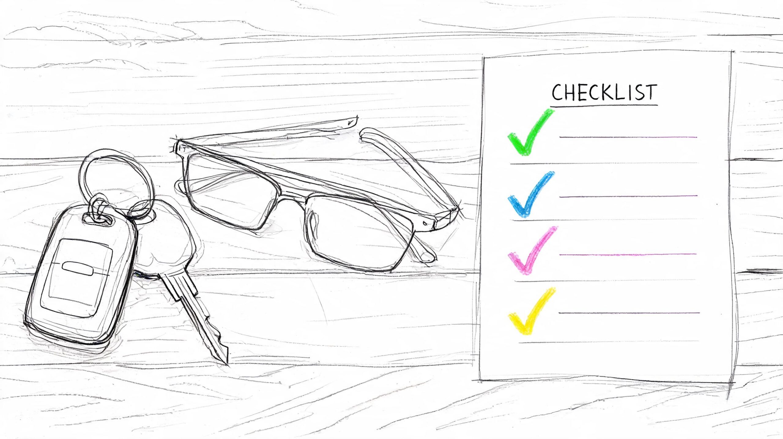 A hand-drawn sketch of car keys, glasses, and a checklist on a wooden background