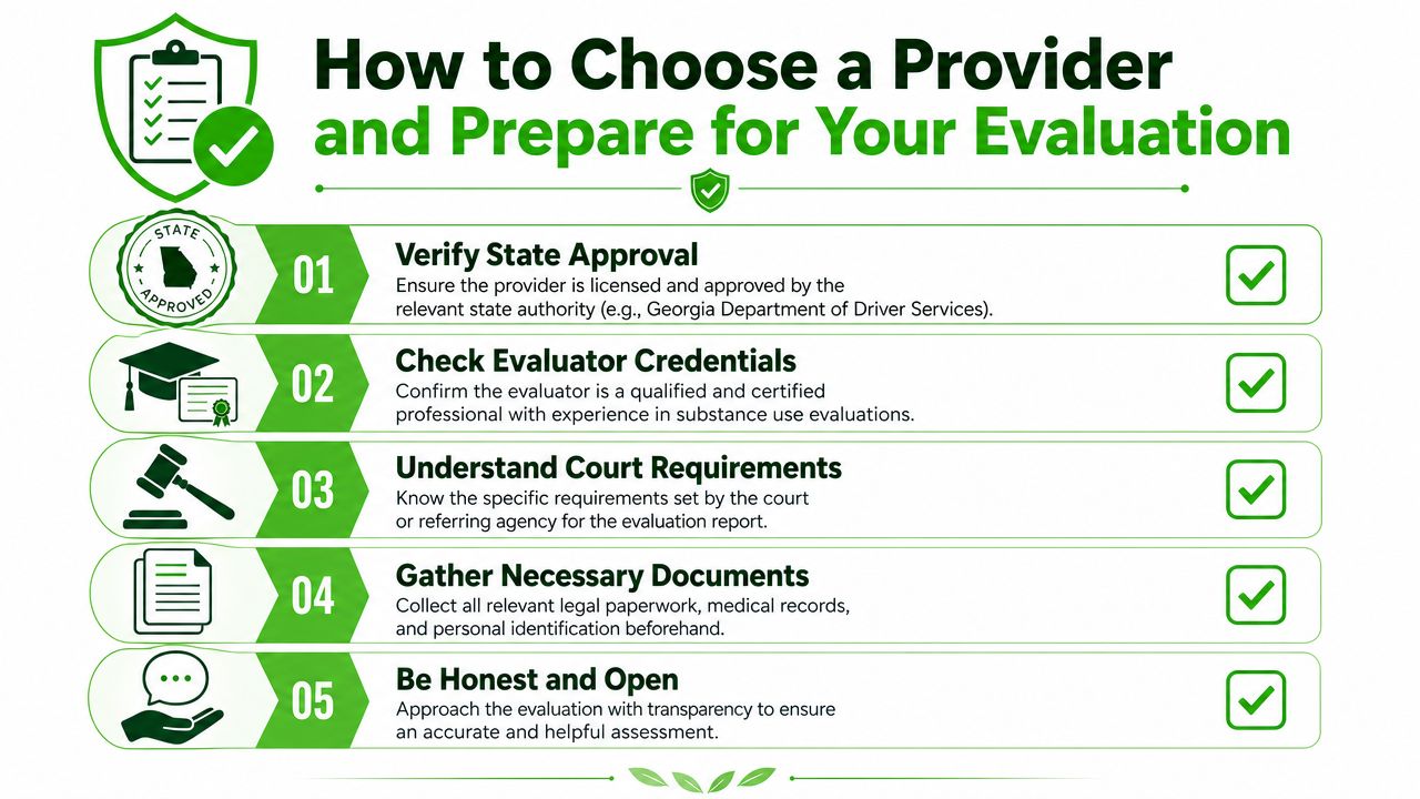 An infographic titled How to Choose a Provider and Prepare for Your Evaluation with five numbered steps.