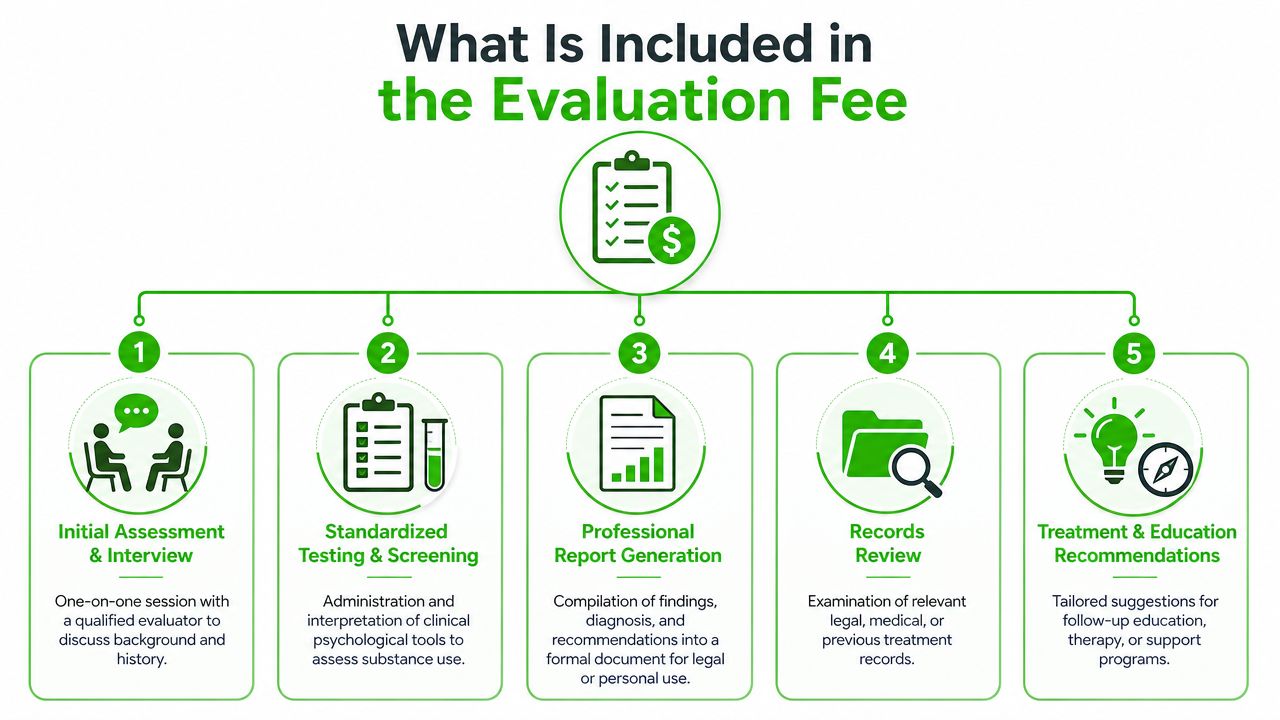 An infographic detailing five key services included in the cost of a drug and alcohol evaluation.