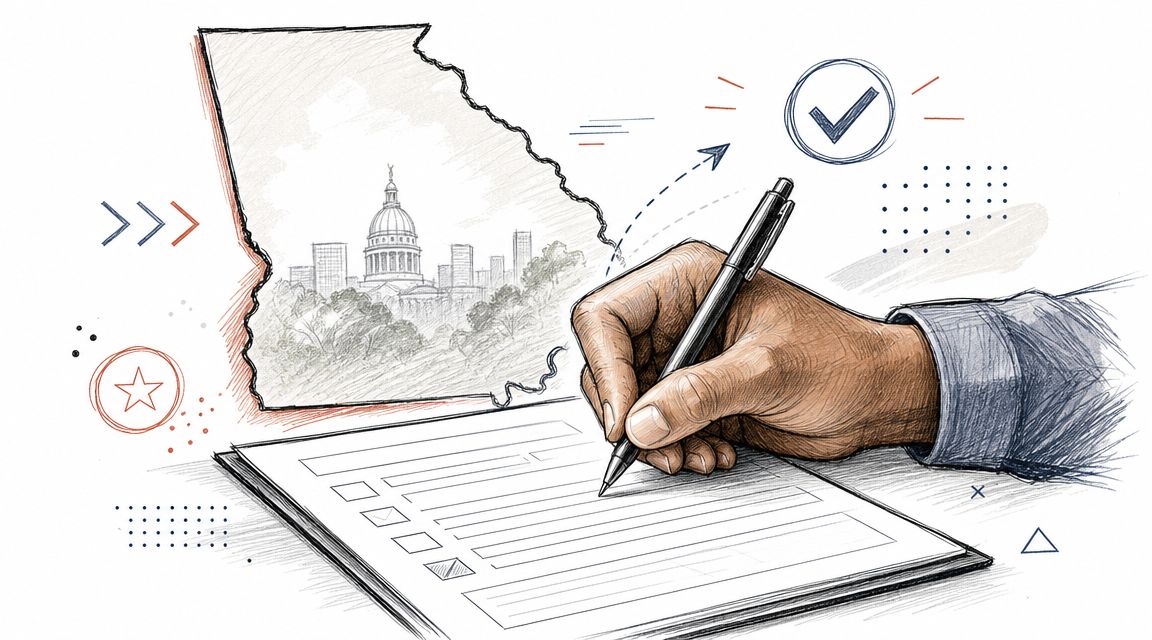 A hand filling out a government form with an outline of Georgia and a capital building sketch.