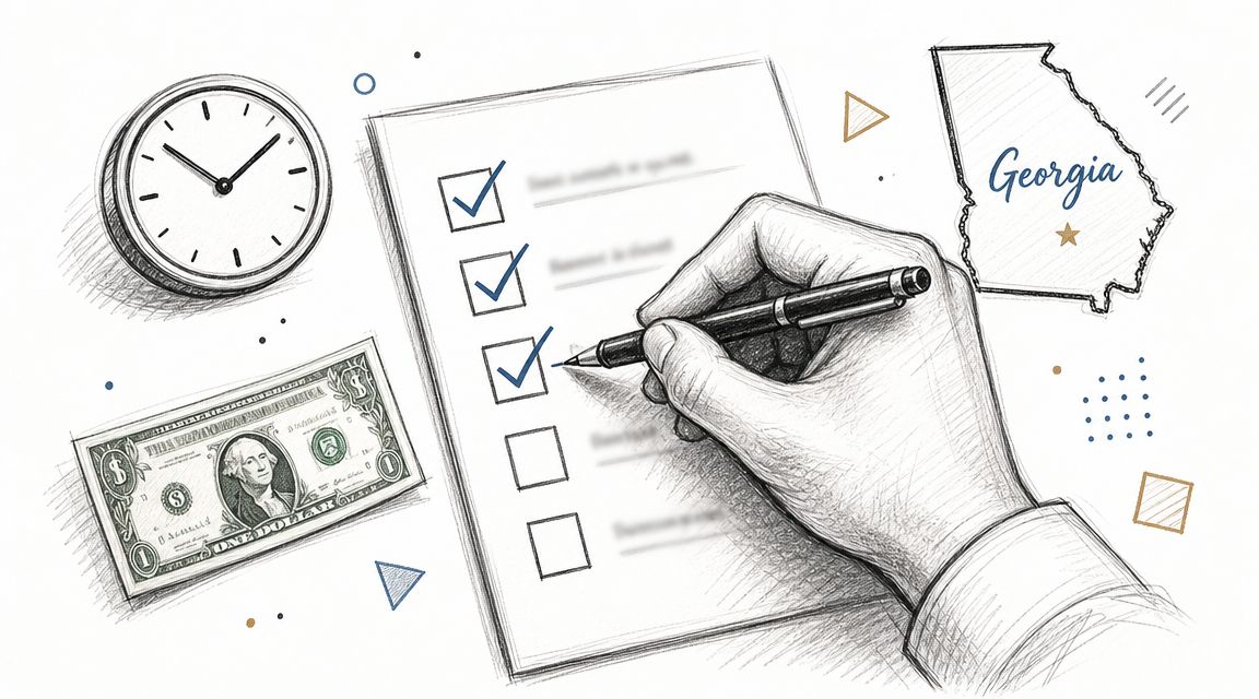 A hand filling out a checklist next to a clock, a one dollar bill, and Georgia state outline.