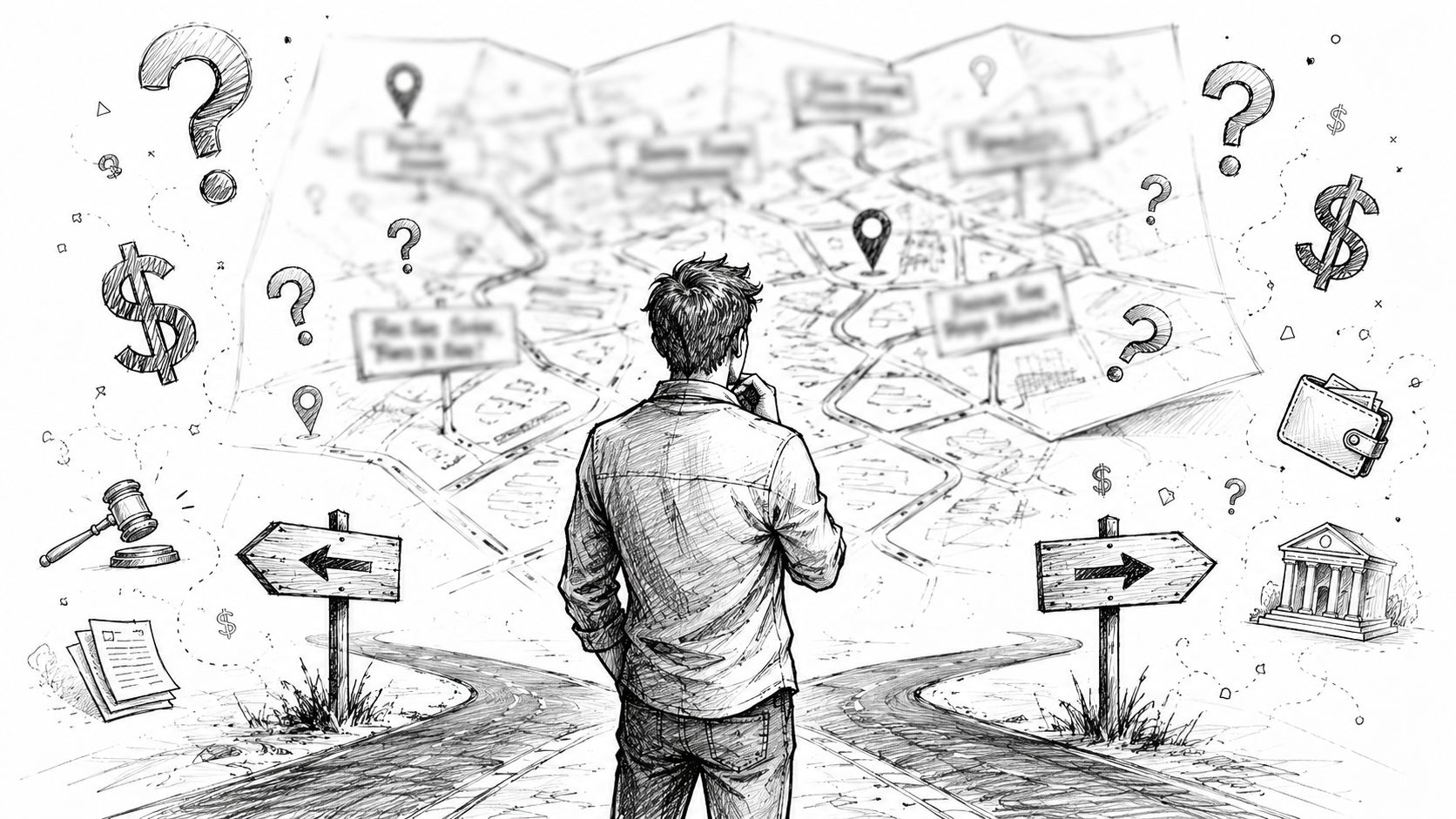 A sketched illustration of a person standing at a crossroads deciding between financial and legal paths.