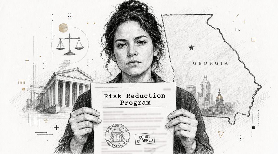 A person holding a Georgia Superior Court order document for a Risk Reduction Program with legal symbols.