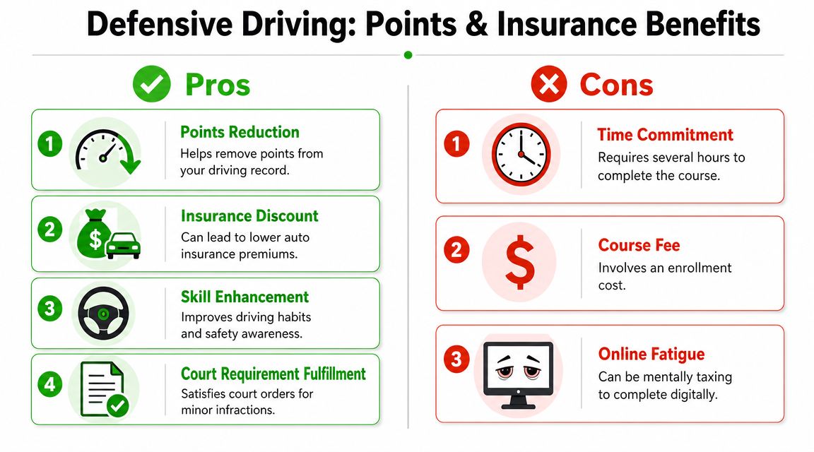 A comparison chart showing the pros and cons of taking a defensive driving course for insurance benefits.