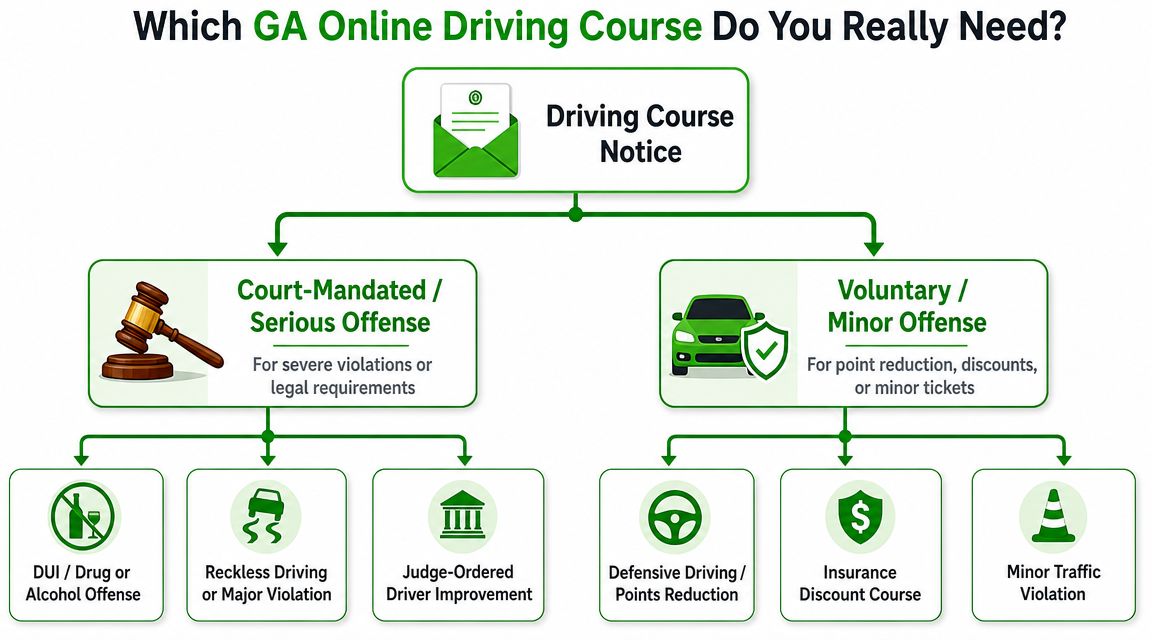 A flowchart guide explaining how to choose between mandatory and voluntary Georgia online driving courses.