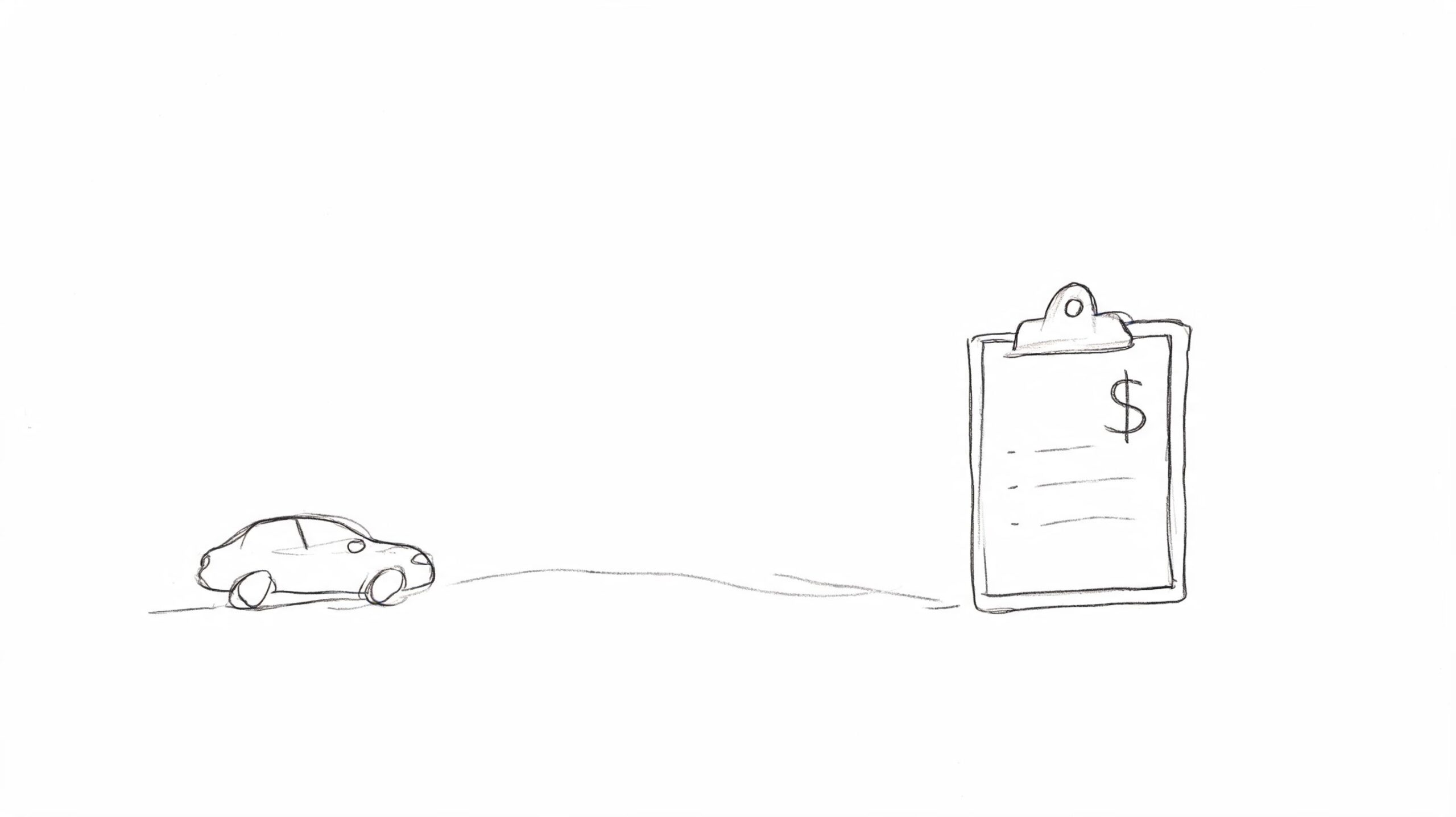 A simple hand-drawn sketch showing a car parked next to a clipboard with a dollar sign symbol.