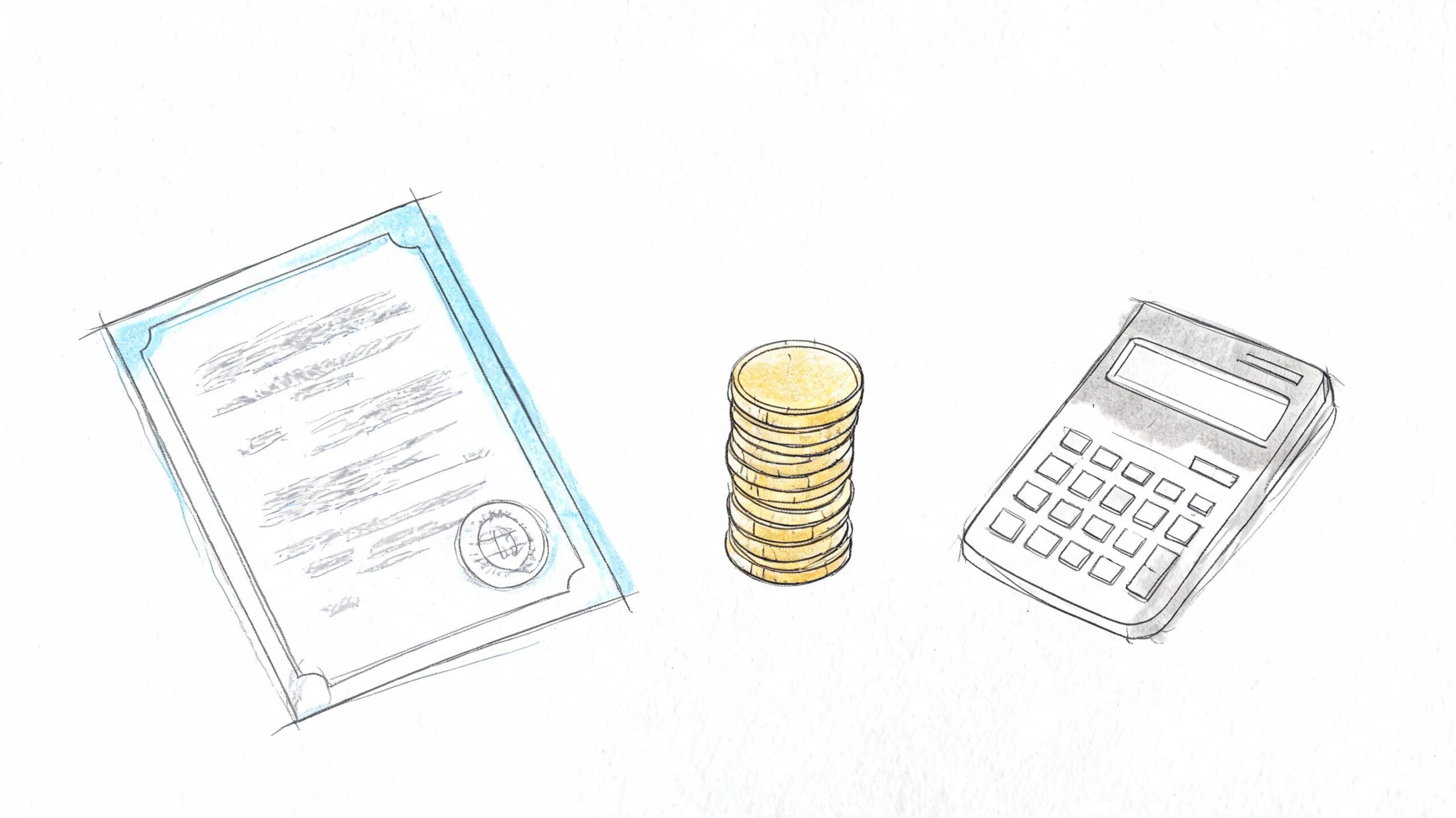 A hand-drawn illustration depicting a certificate, a stack of gold coins, and a digital calculator.
