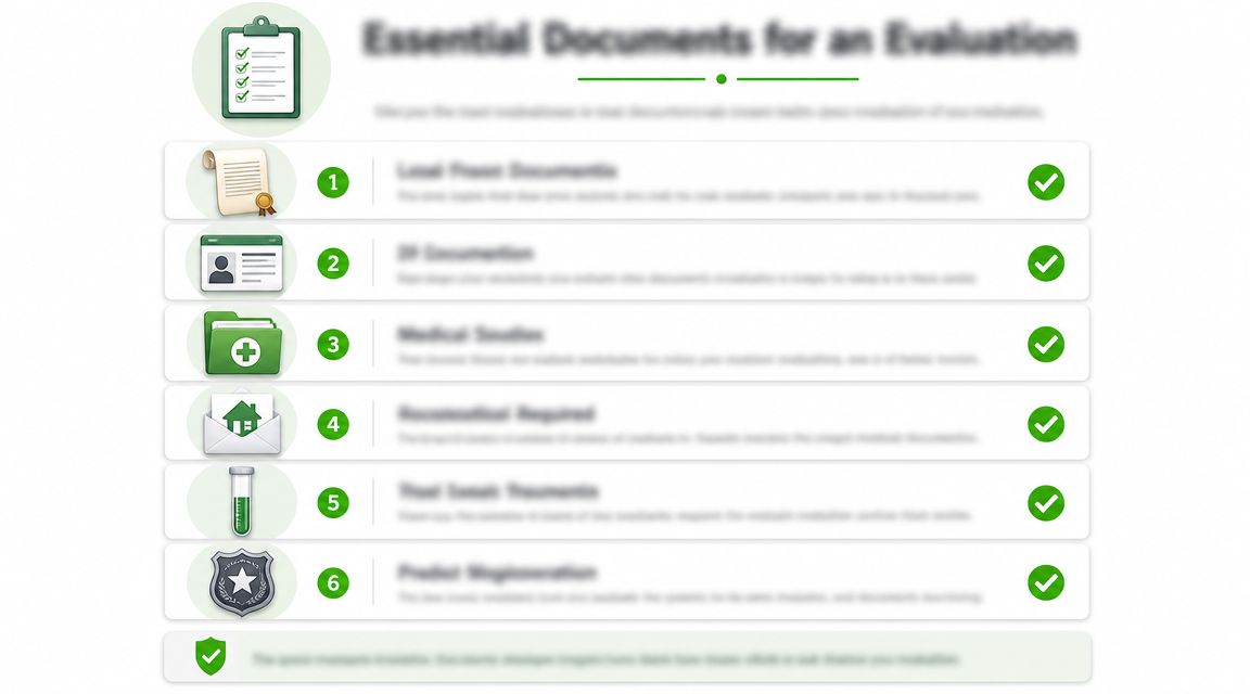 A checklist infographic titled Essential Documents for an Evaluation, showing six numbered steps with icons and green checkmarks.