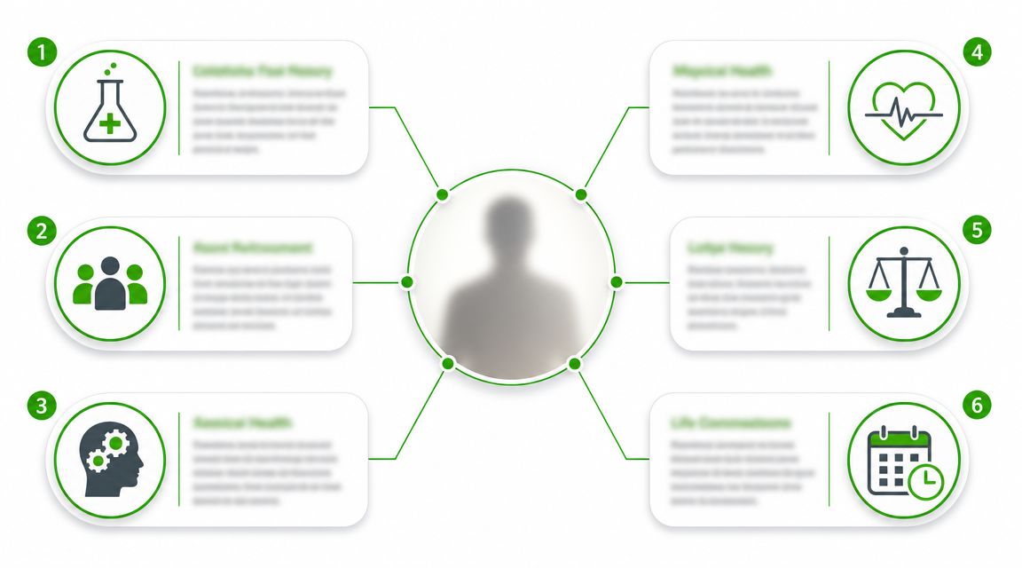 A diagram illustrating six factors surrounding a person, including health, history, and social considerations for evaluation.
