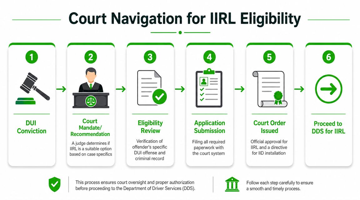 A six-step infographic explaining the court process for obtaining an ignition interlock restricted license after a DUI.