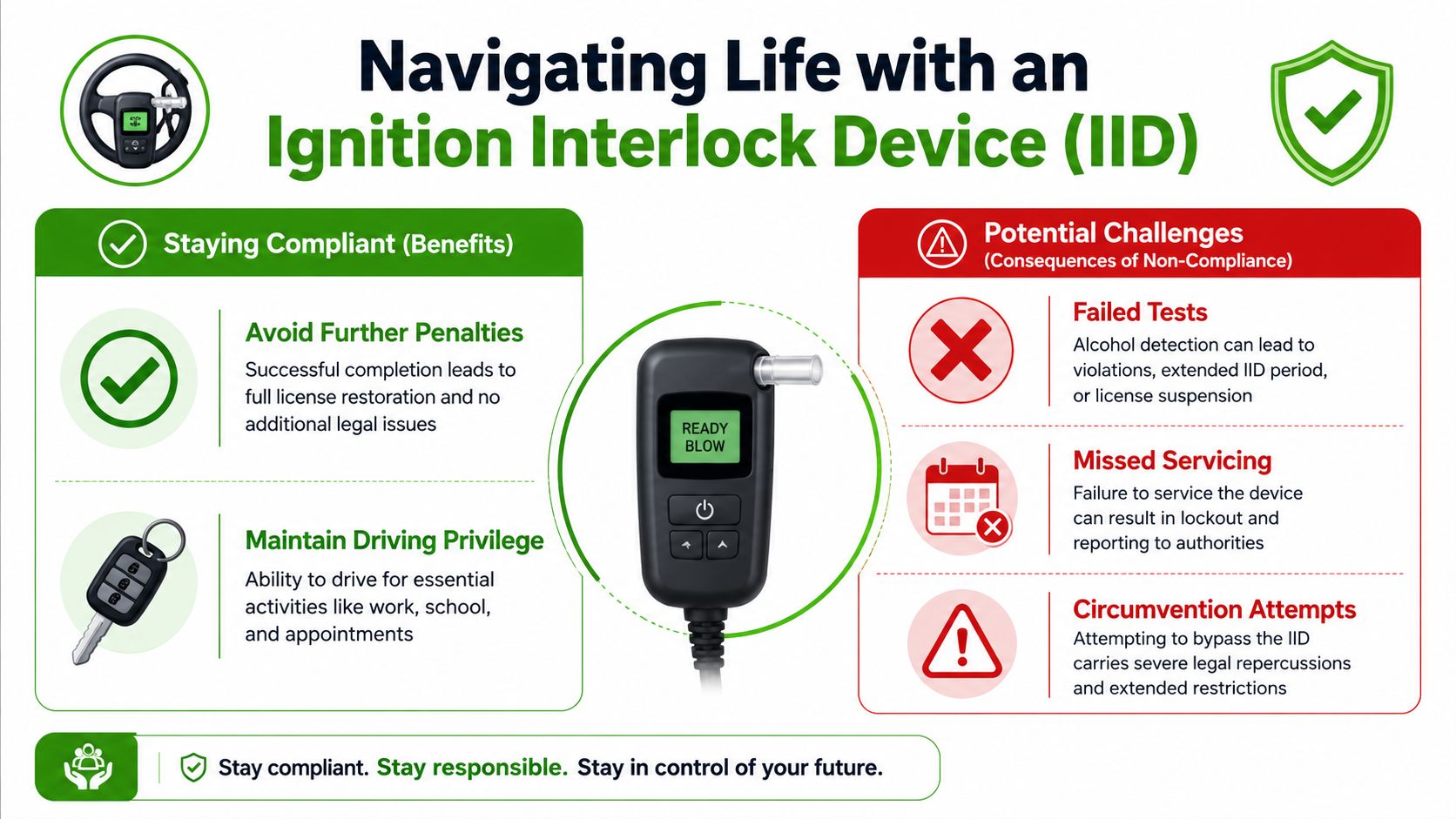 An infographic illustrating the benefits and potential challenges of complying with an ignition interlock device program.
