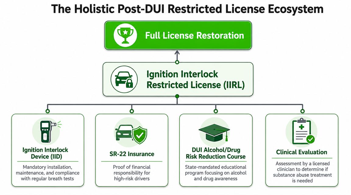 A flow chart illustrating the components required to obtain a full license restoration after a DUI violation.