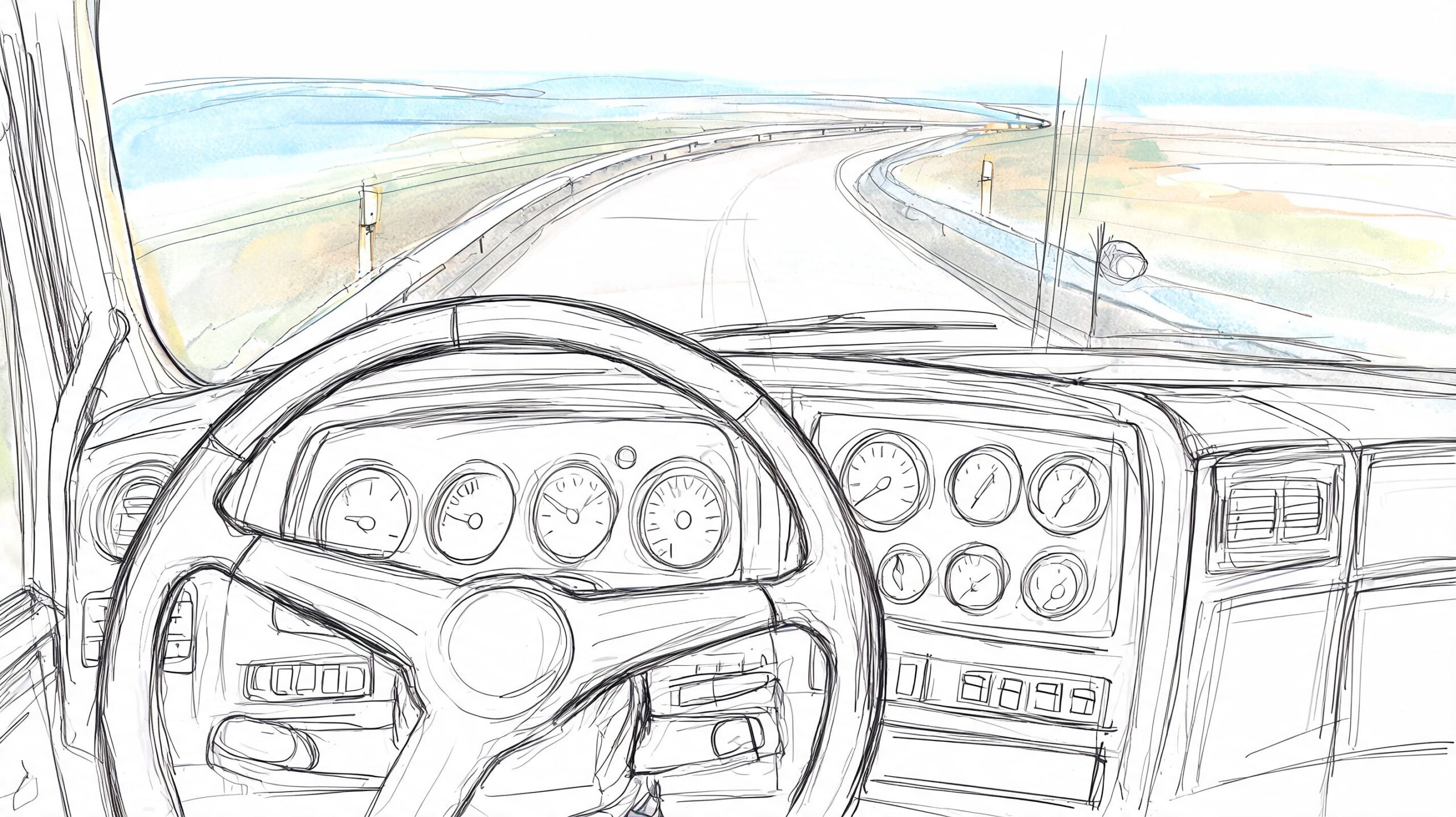 A line art illustration from the driver's perspective looking out over a road stretching into the distance.