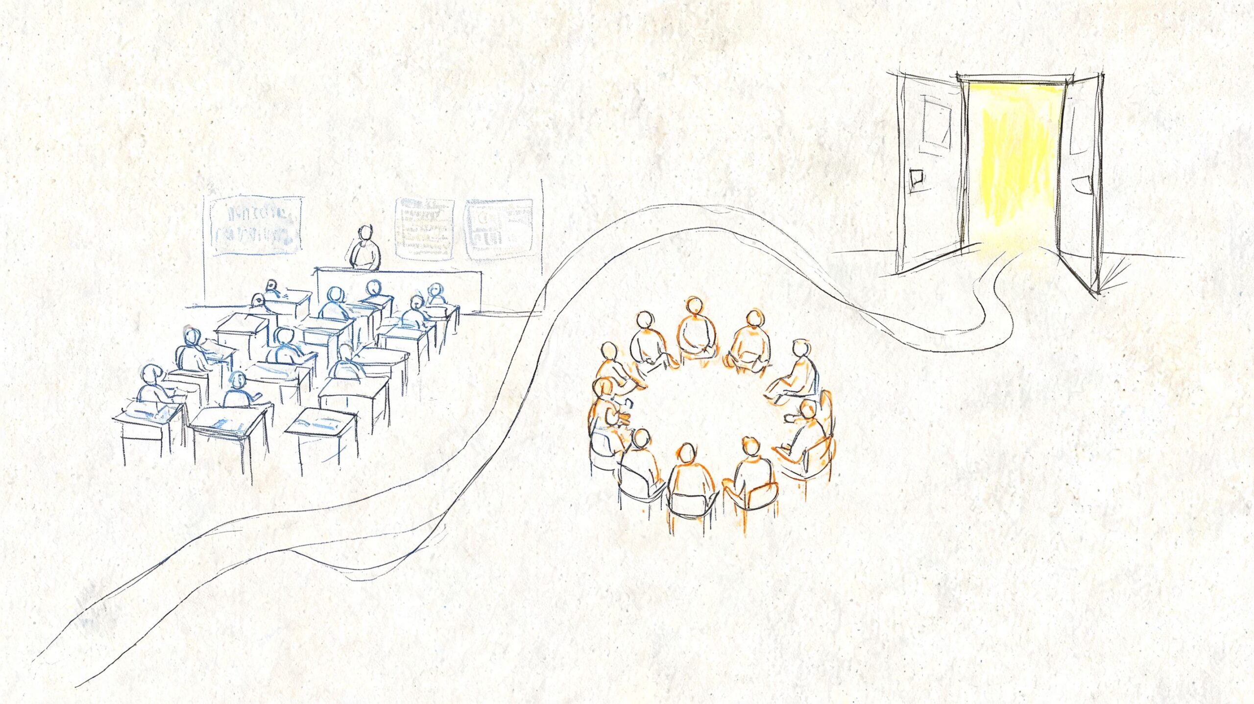 A hand-drawn illustration showing a transition from a structured classroom setting to an open group discussion.