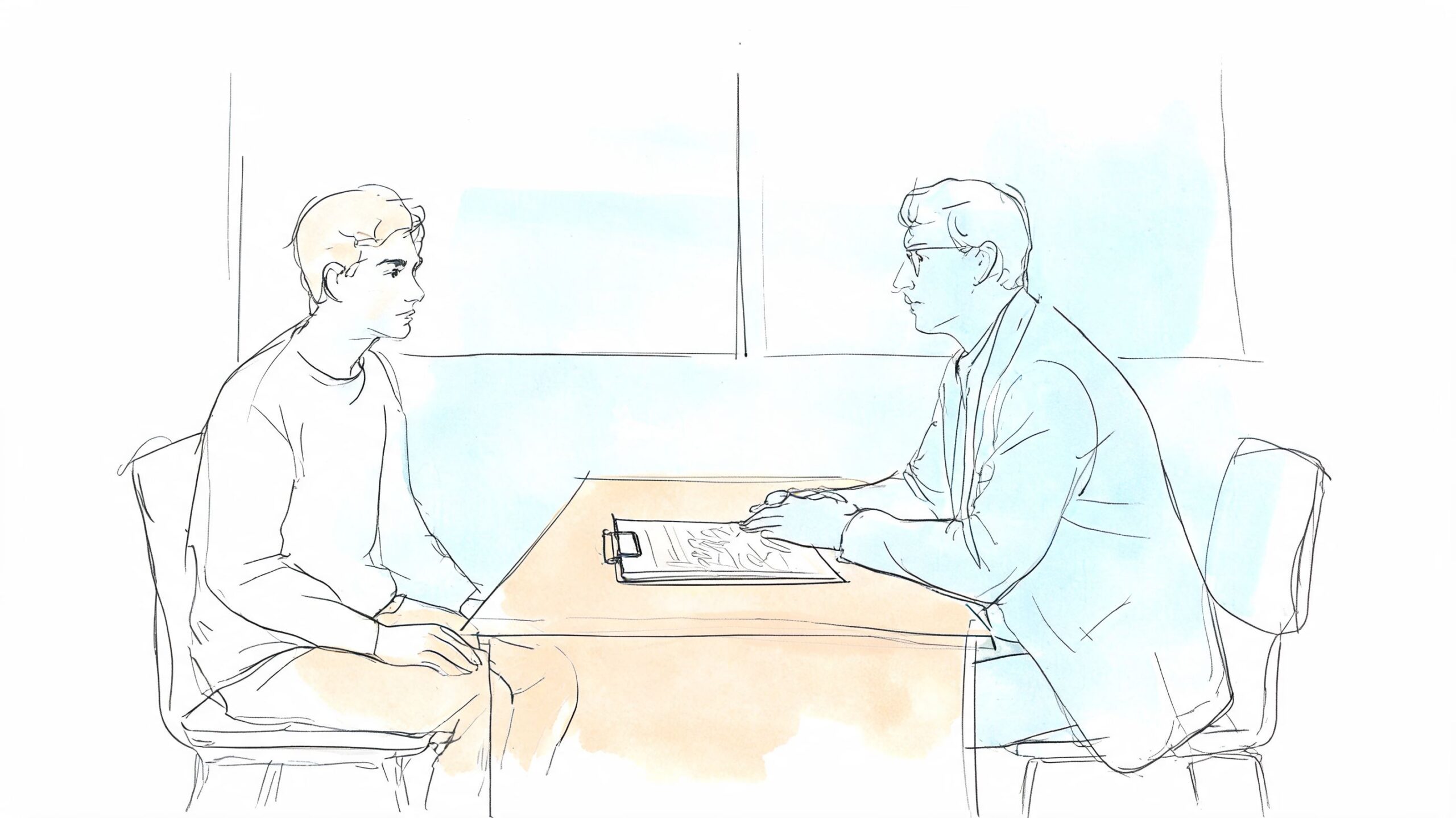 A young man sits across from a professional doctor at a desk during a medical consultation.