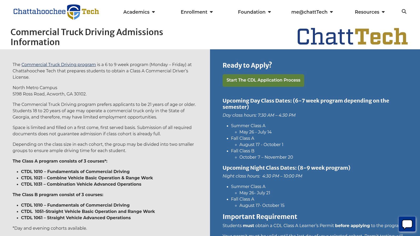 Chattahoochee Technical College, Commercial Truck Driving (Acworth/North Metro)