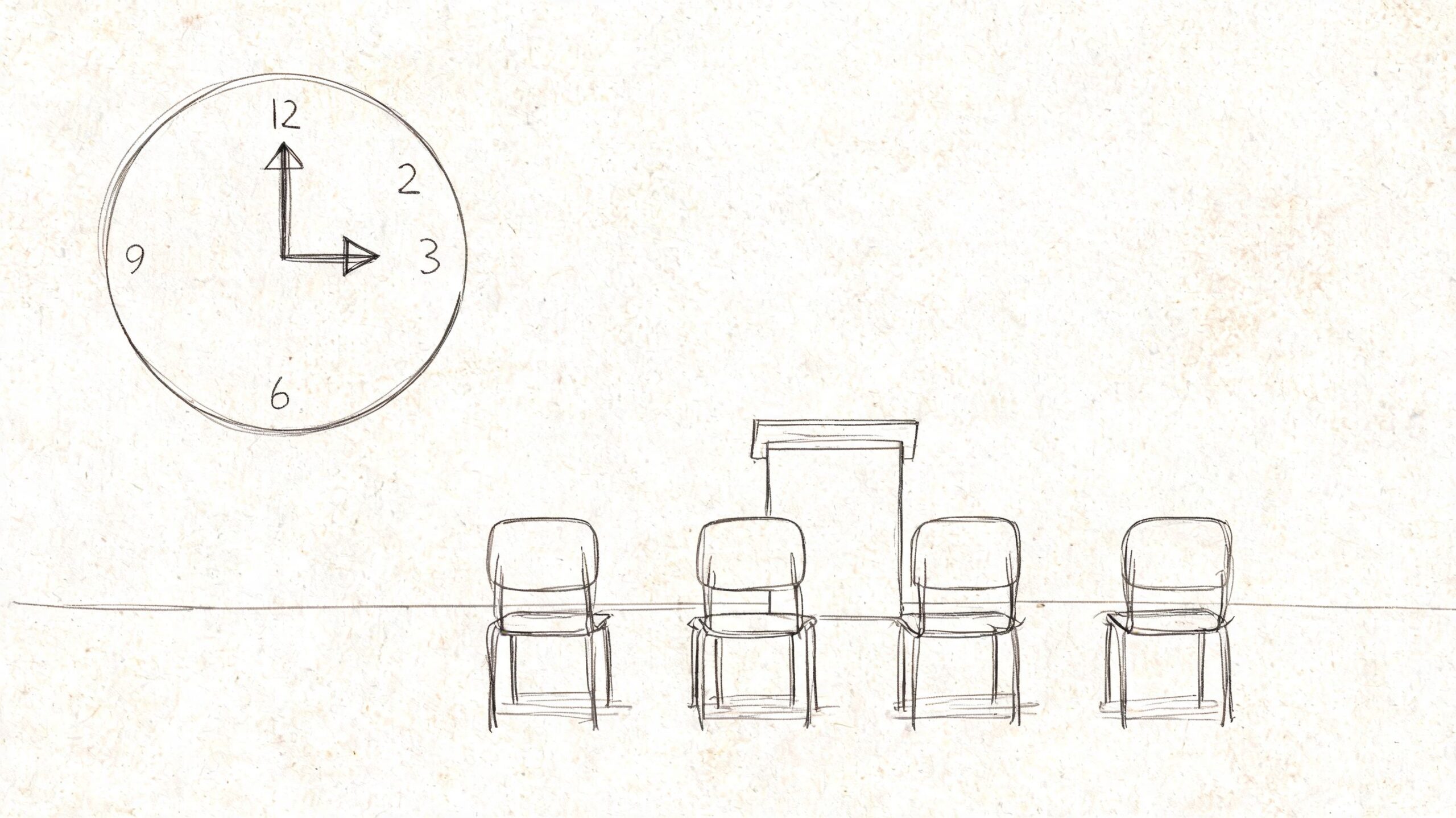 A minimalist sketch of a wall clock set to three o'clock above four empty chairs and podium.