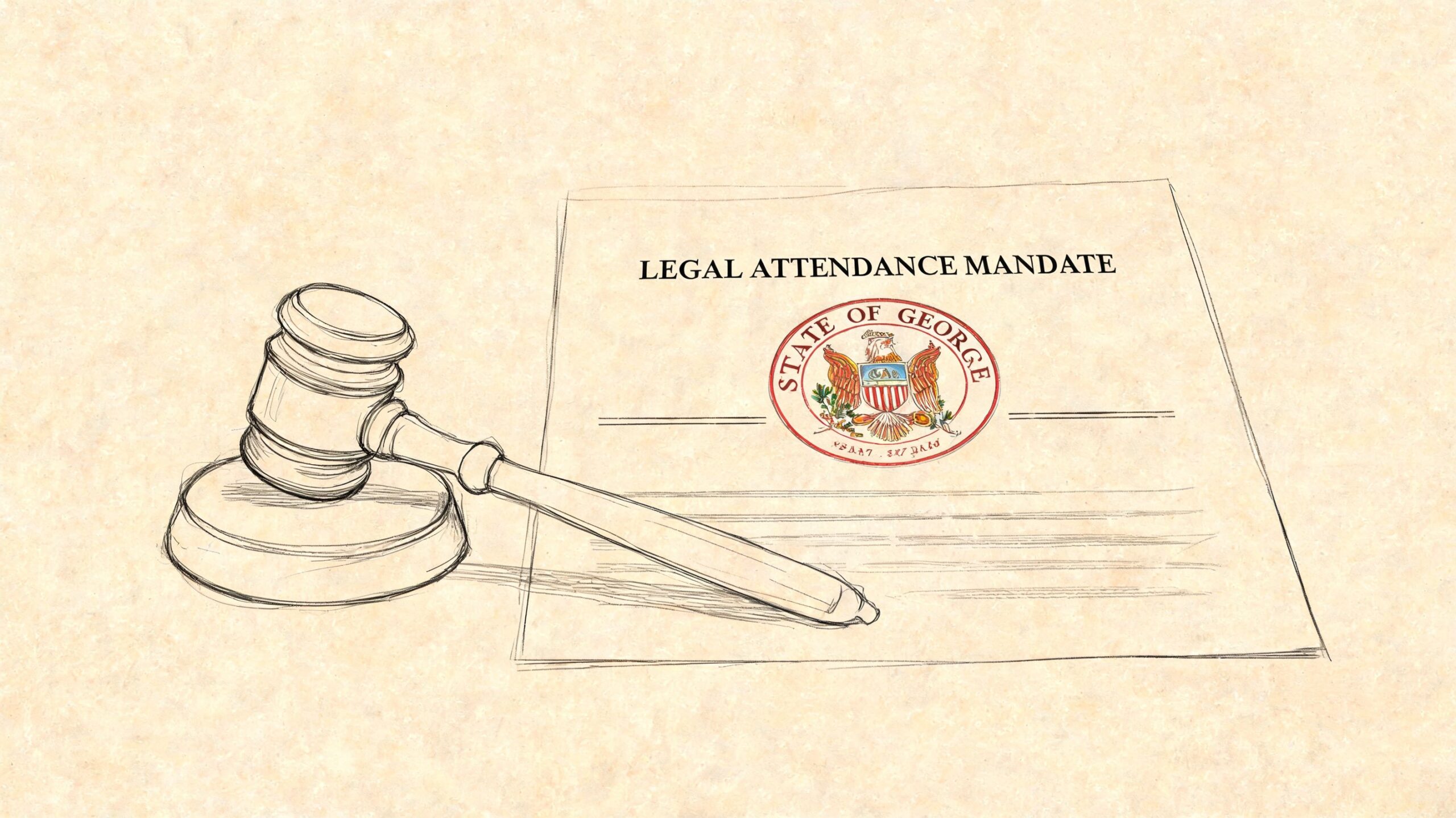 A gavel resting next to a legal document titled Legal Attendance Mandate from the State of George.